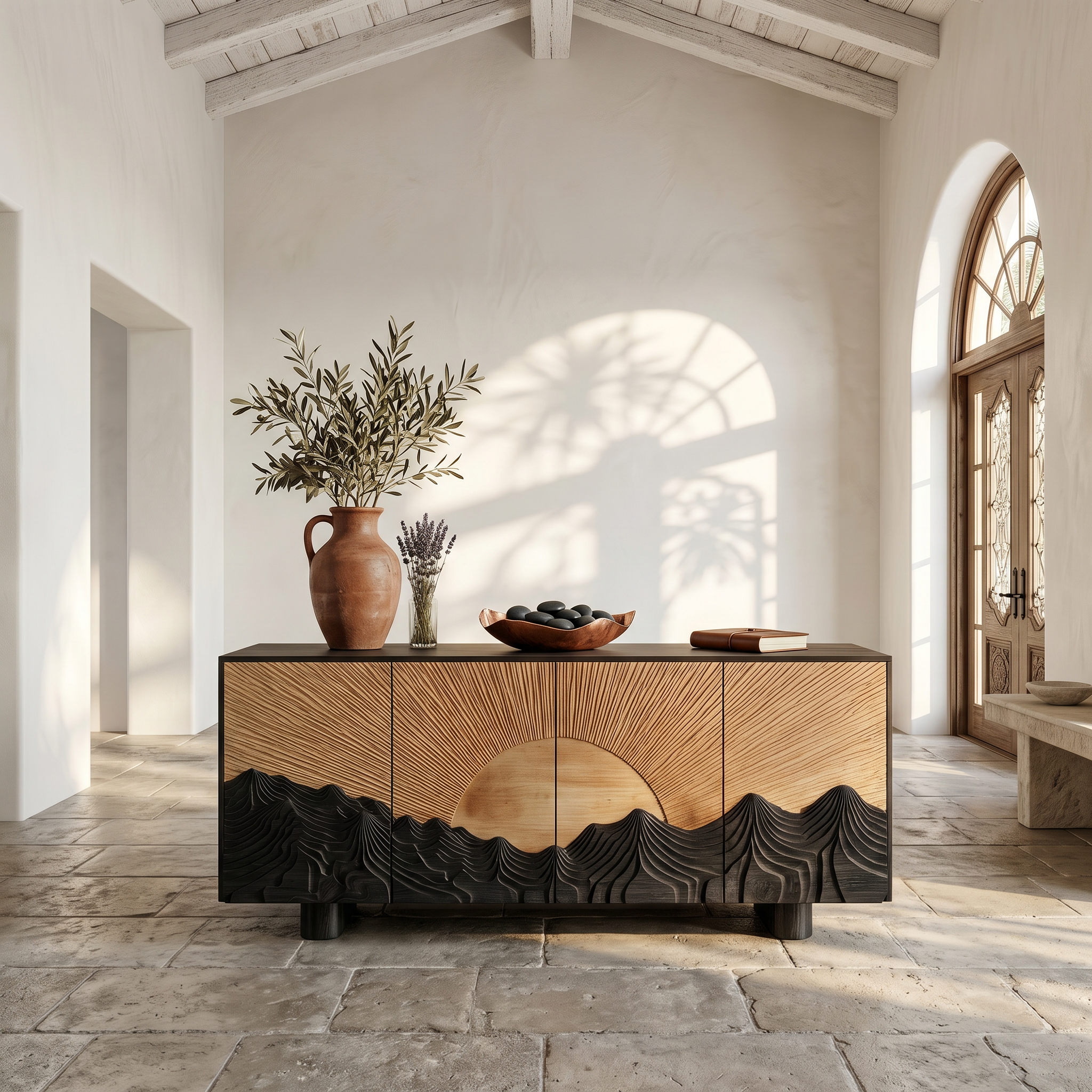 Rustic Mountain Sunrise Sideboard With Carved Wood Doors For Living Room SINLSASC515