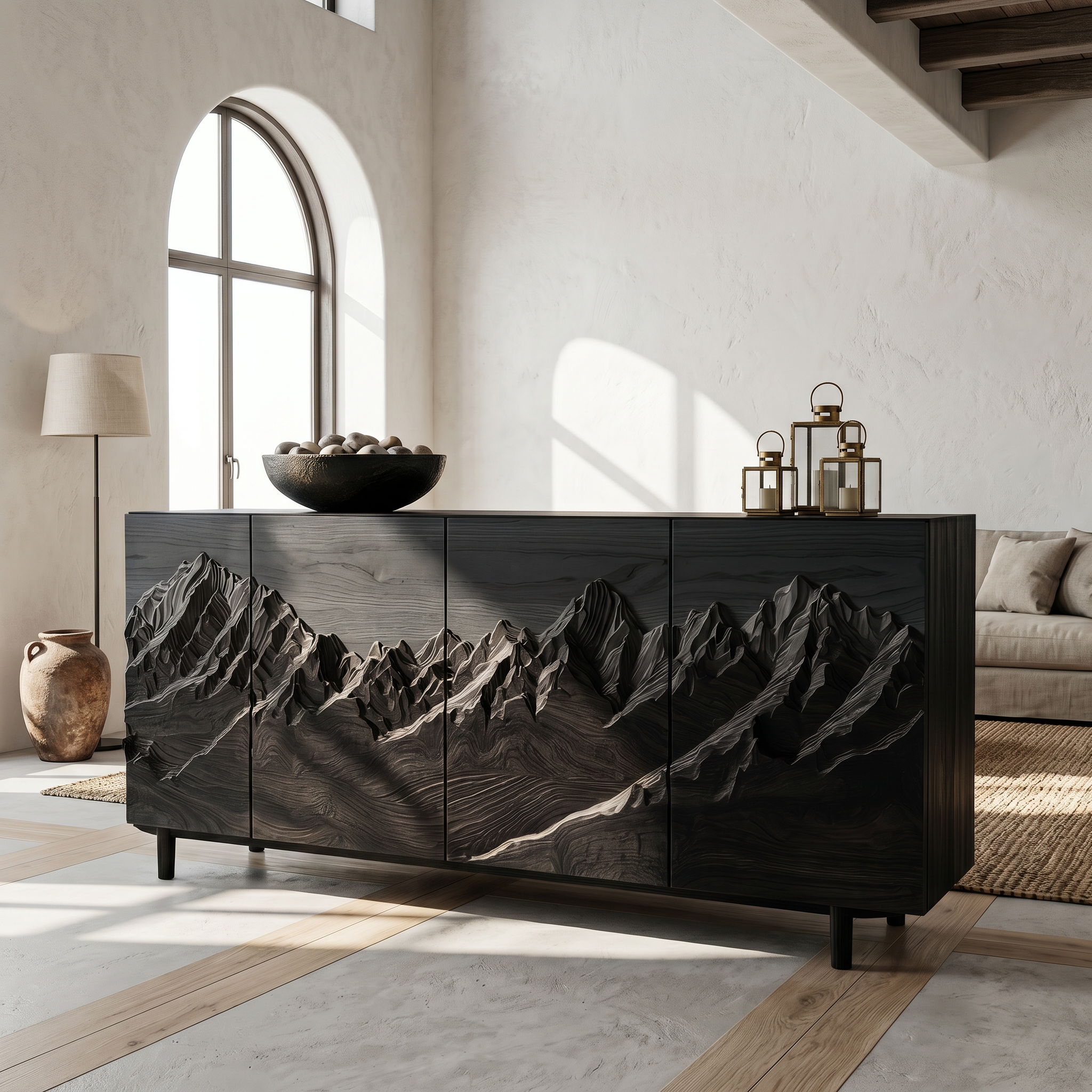 Rustic Mountain Landscape Sideboard With Carved Wood Doors For Living Room And Entryway SINLSASC518