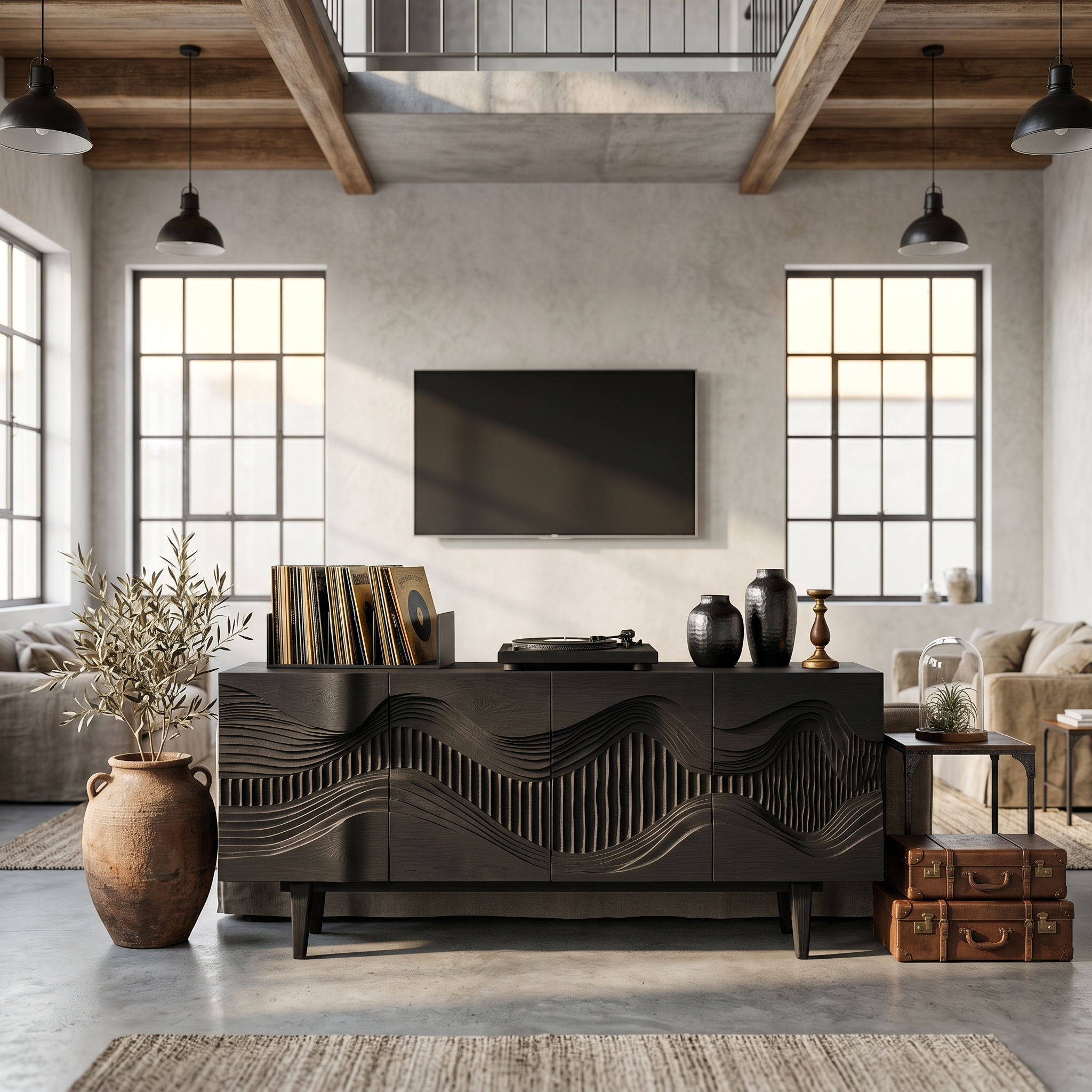 Mid Century Sideboard With Sculptural Wave Carved Wood Doors For Living Room SINLSASC524