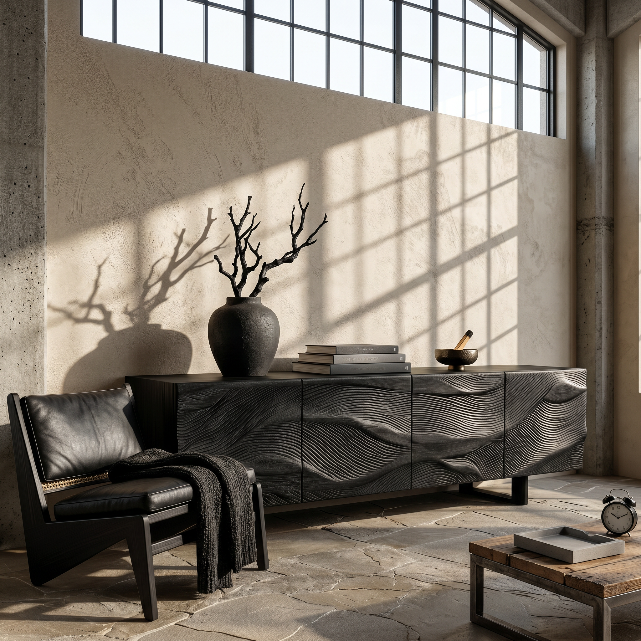 Modern Sideboard With Sunburst Carved Wood Doors For Living Room SINLSASC525