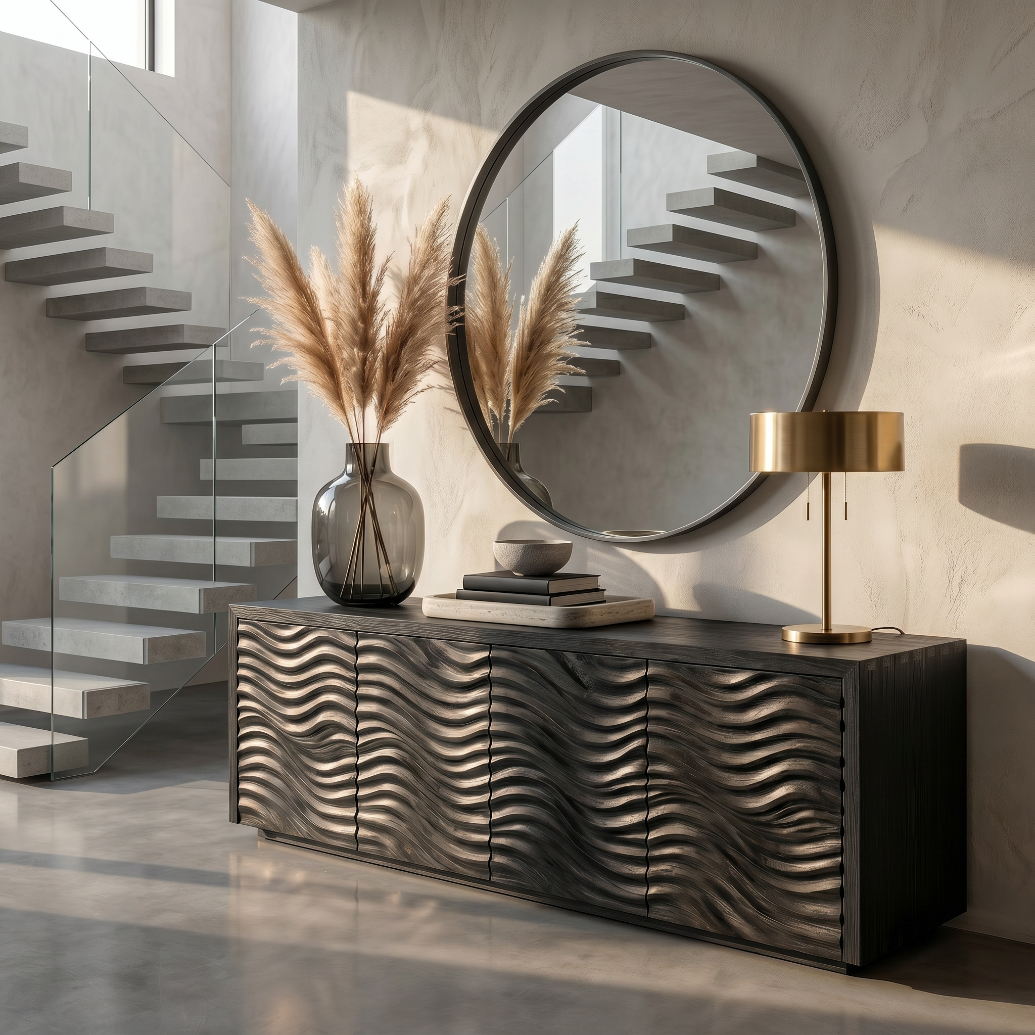 Rustic Sideboard With Hand Carved Wave Wood Doors And Solid Wood Storage For Living Room SINLSASC530