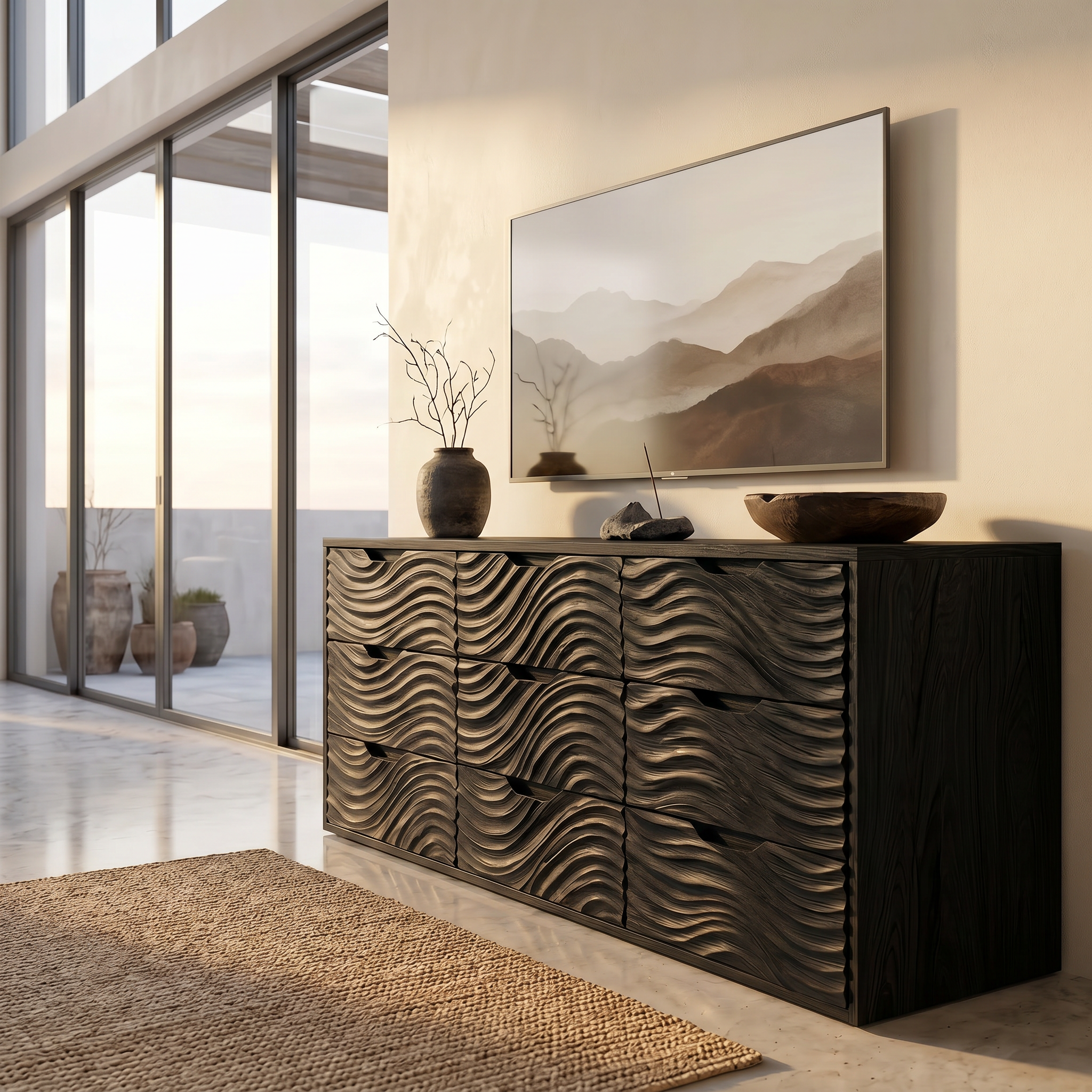 Organic Sideboard With Hand Carved Wave Wood Doors And Solid Wood Storage Cabinet For Living Room SINLSASC531