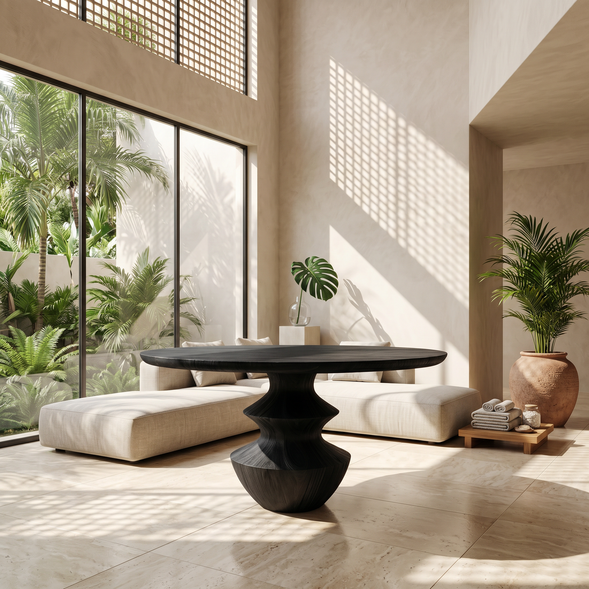 Modern Foyer Table With Sculptural Solid Wood Pedestal Base For Entryway SINLSAFT034