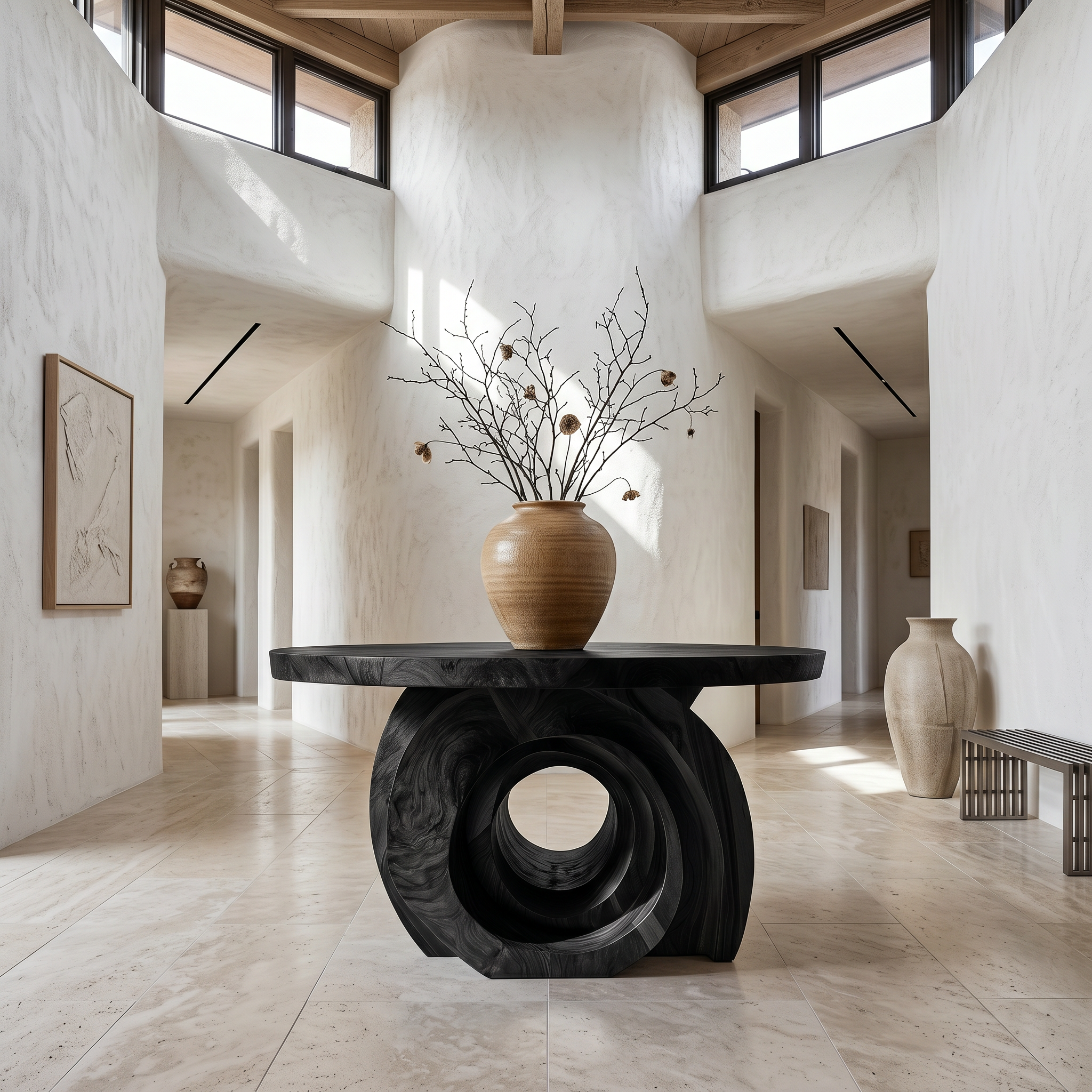 Modern Round Foyer Table With Sculptural Ring Pedestal Base For Entryway And Hallway SINLSAFT044