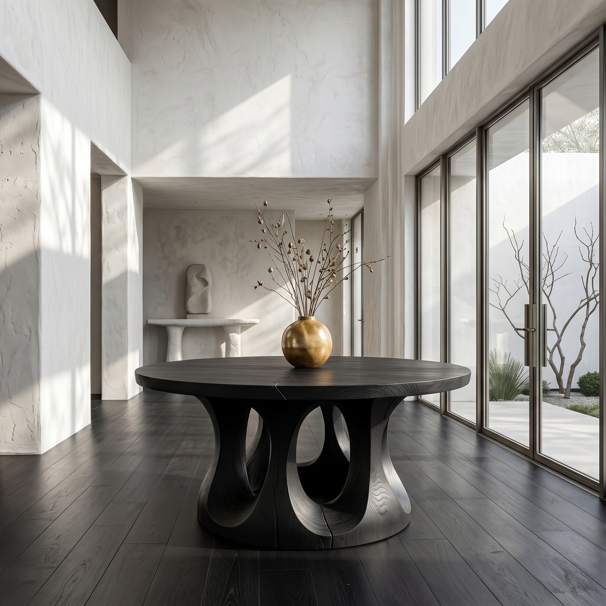 Organic Round Foyer Table With Sculptural Dual Ring Pedestal Base For Entryway And Hallway SINLSAFT045