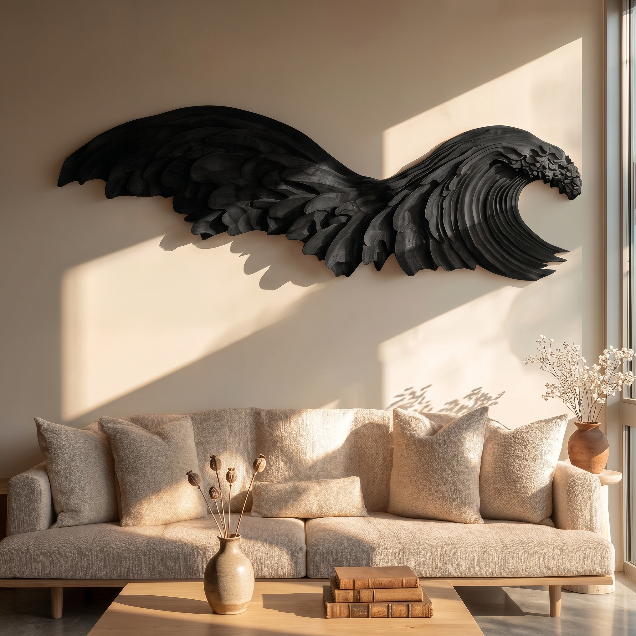 Ocean Wave Wooden Wall Art With Sculptural Carved Design For Bedroom And Living Room SINLSAWD098
