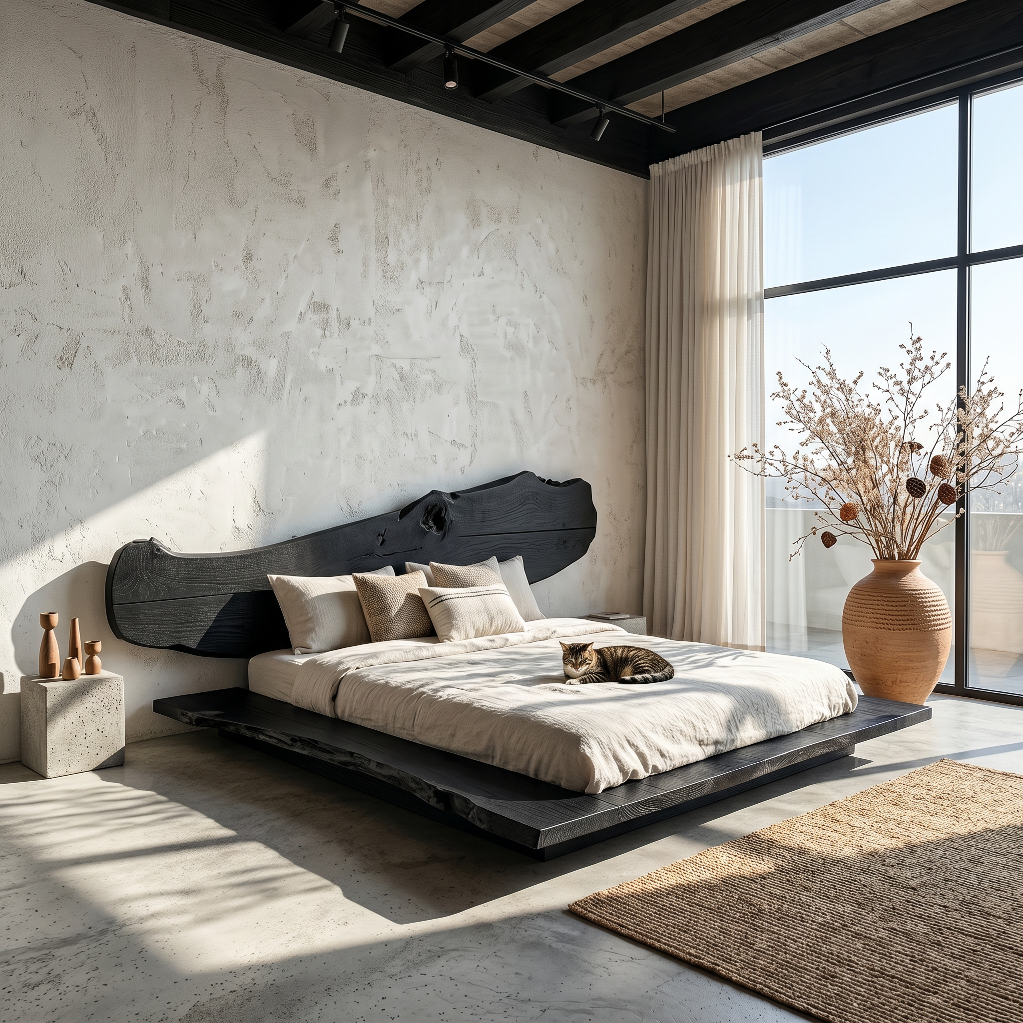 Luxury Organic Bed Frame With Sculptural Solid Wood Headboard And Floating Platform Design For Bedroom SINLSAWB131