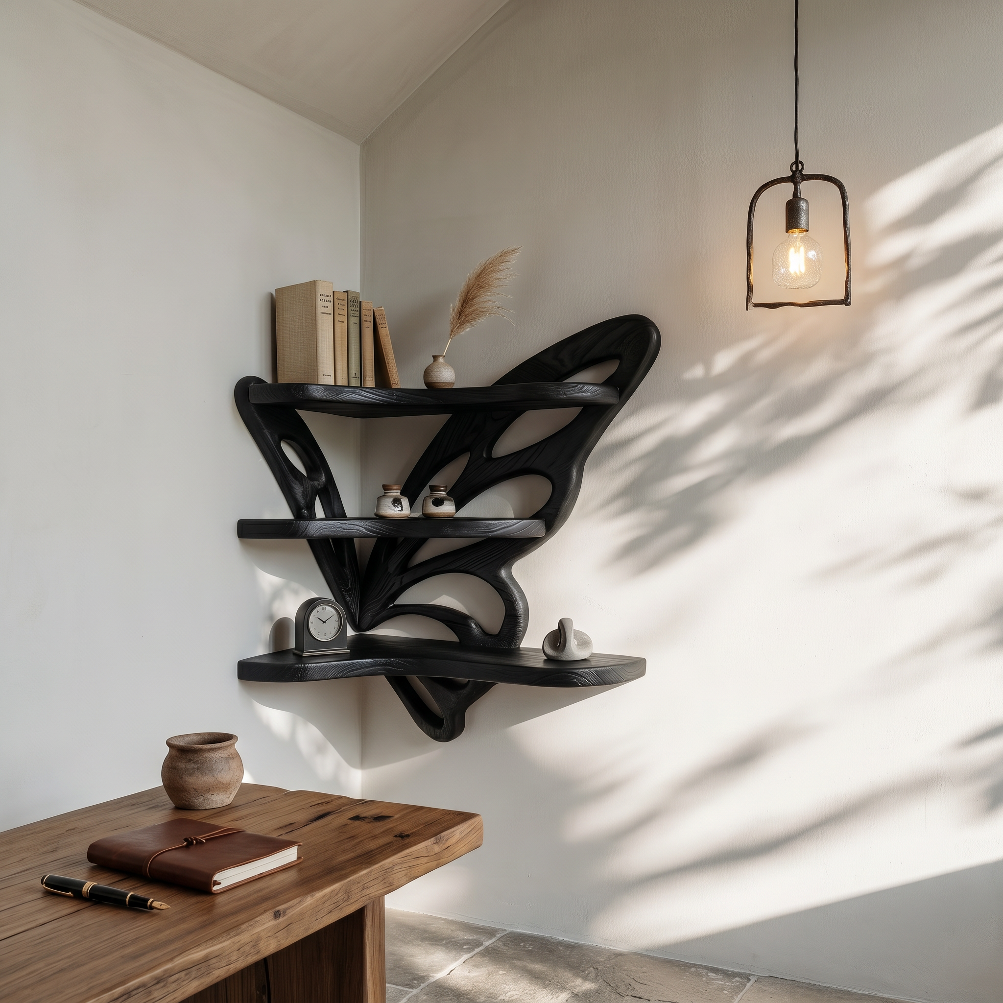 Rustic Butterfly Floating Shelf With Natural Live Edge Wood Design For Living Room SINLSAFL543
