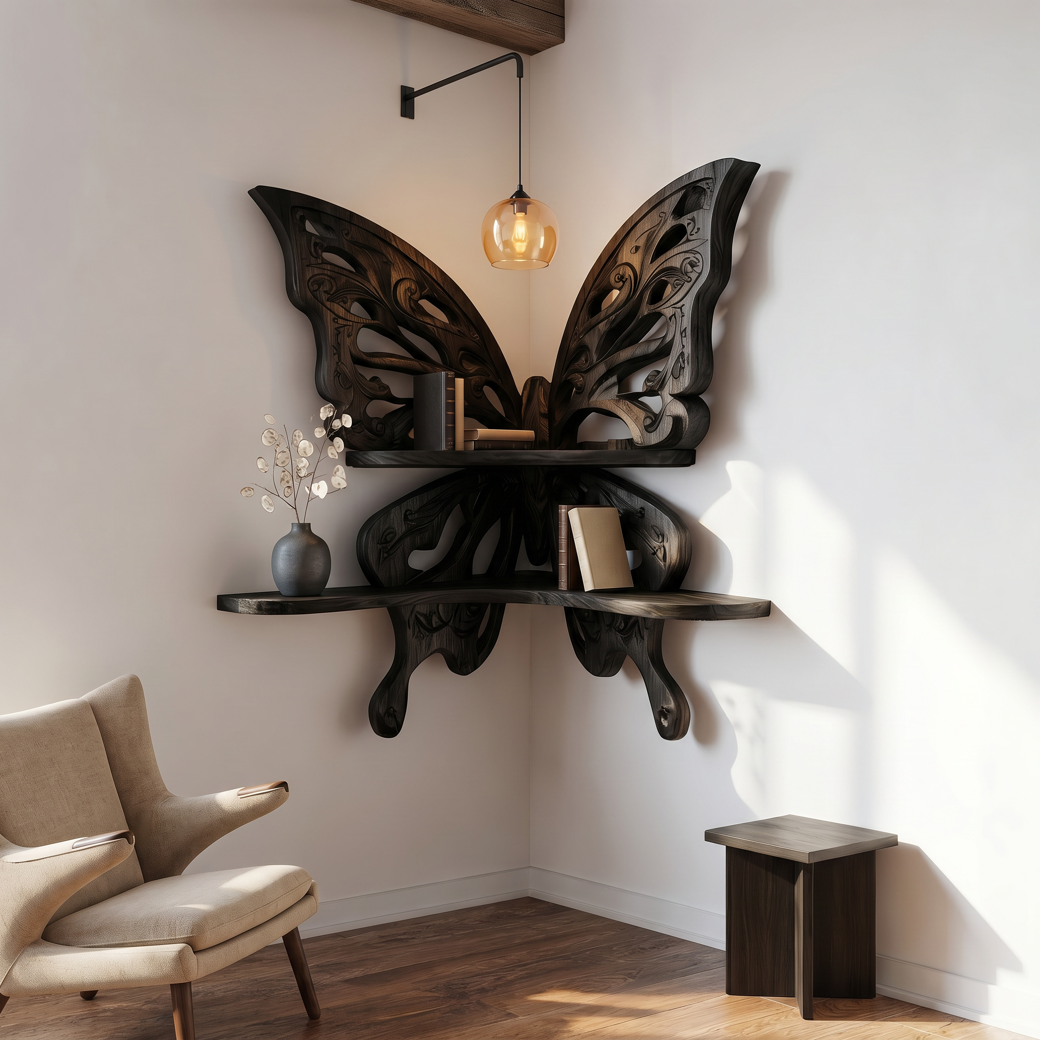Butterfly Inspired Floating Shelf With Sculptural Live Edge Wood Design For Living Room SINLSAFL545
