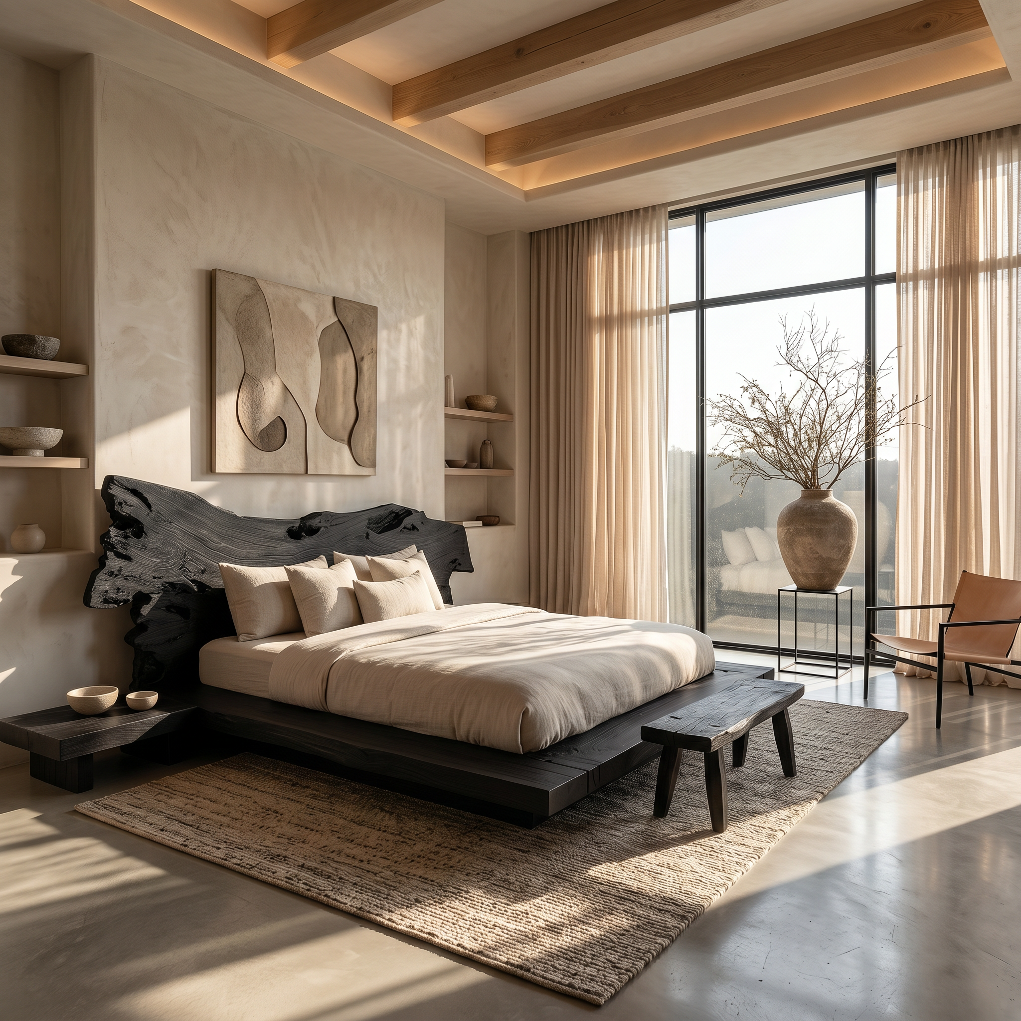 Contemporary Low Profile Bed Frame With Organic Wood Headboard For Bedroom SINLSAWB129