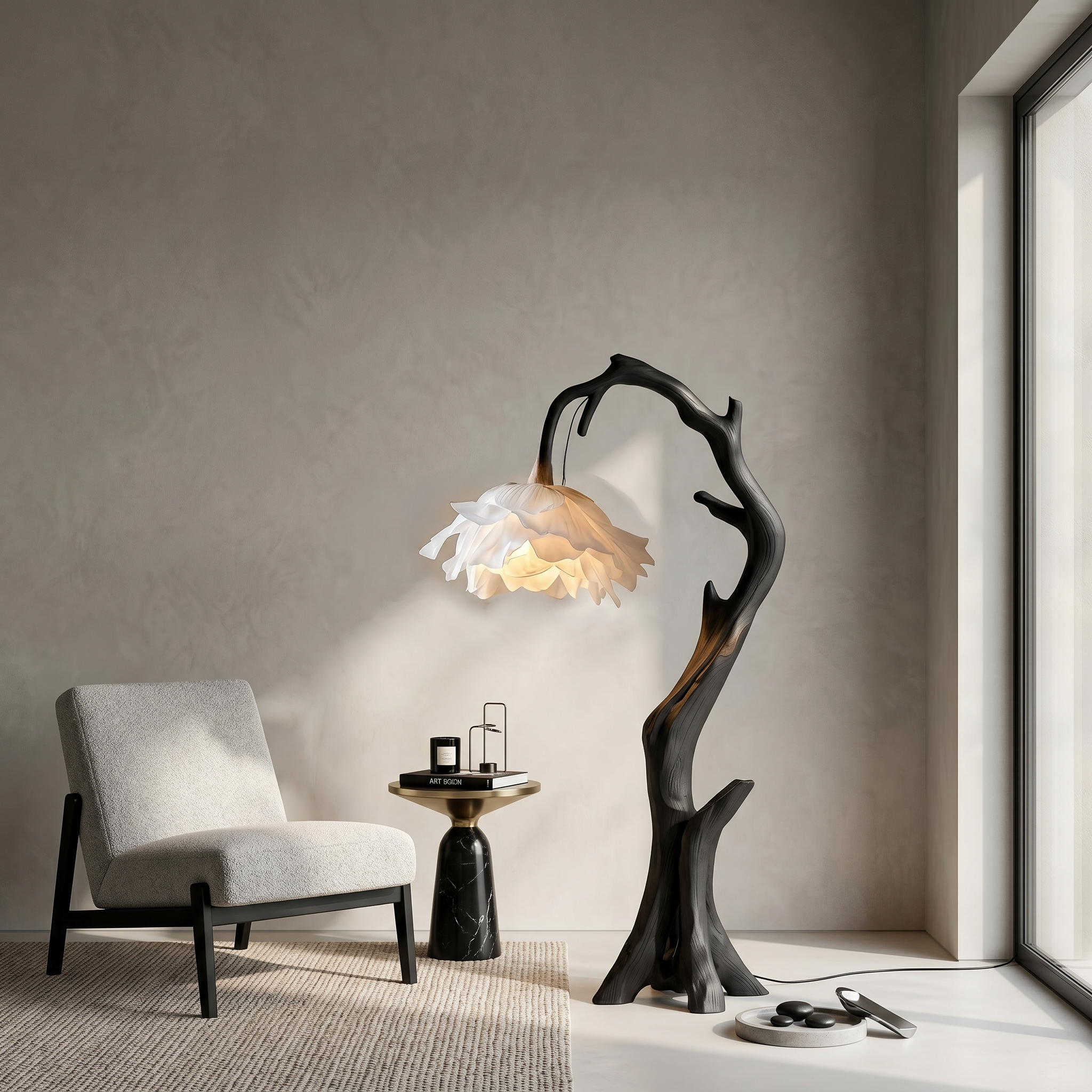 Nature Inspired Flower Floor Lamp With Solid Wood Base For Living Room And Bedroom SINLSAFLP081