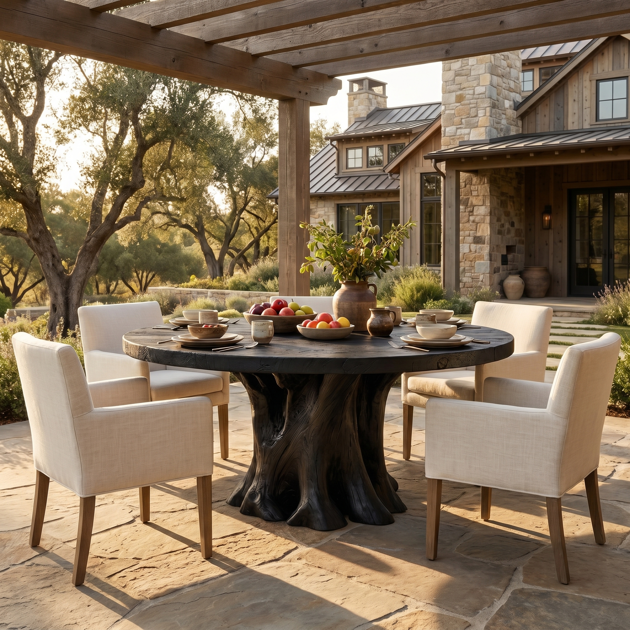 Rustic Round Dining Table With Solid Wood Sculptural Base For Dining Room SINLSADT178