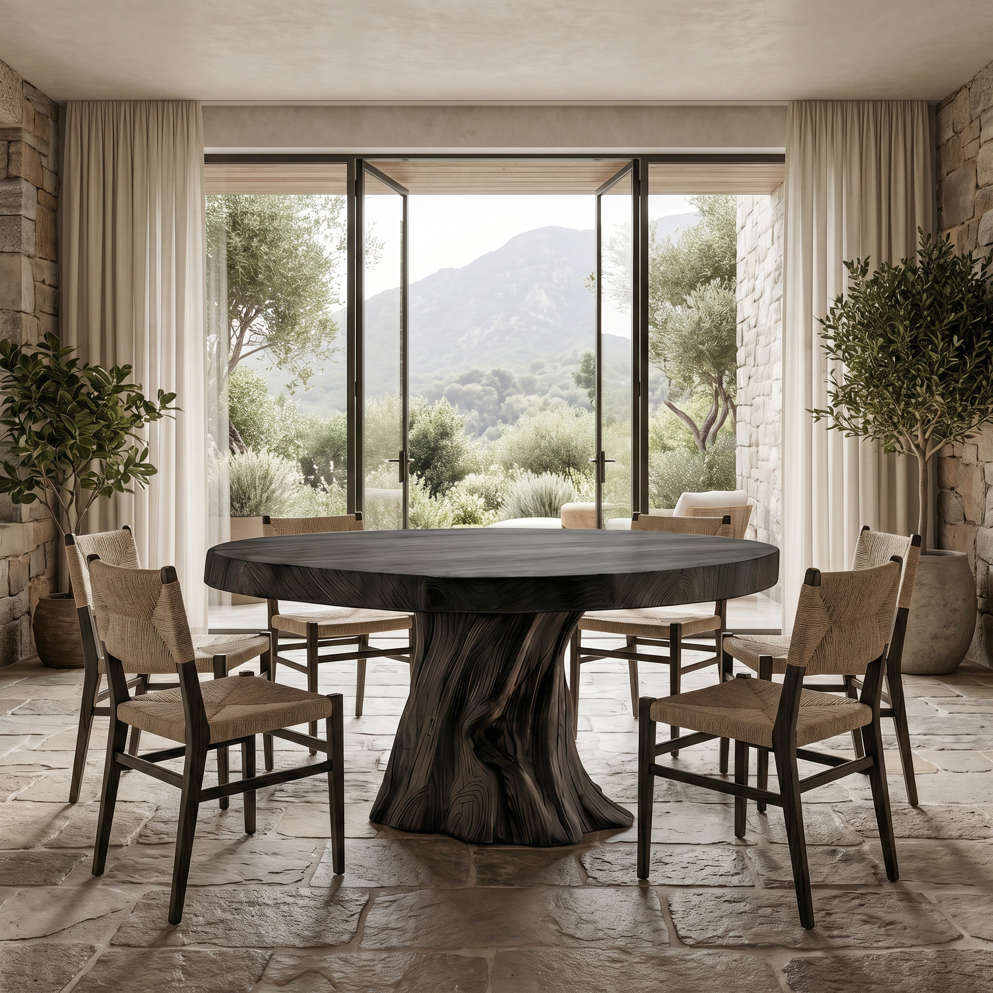 Rustic Modern Round Dining Table With Sculptural Wood Base For Dining Room SINLSADT179