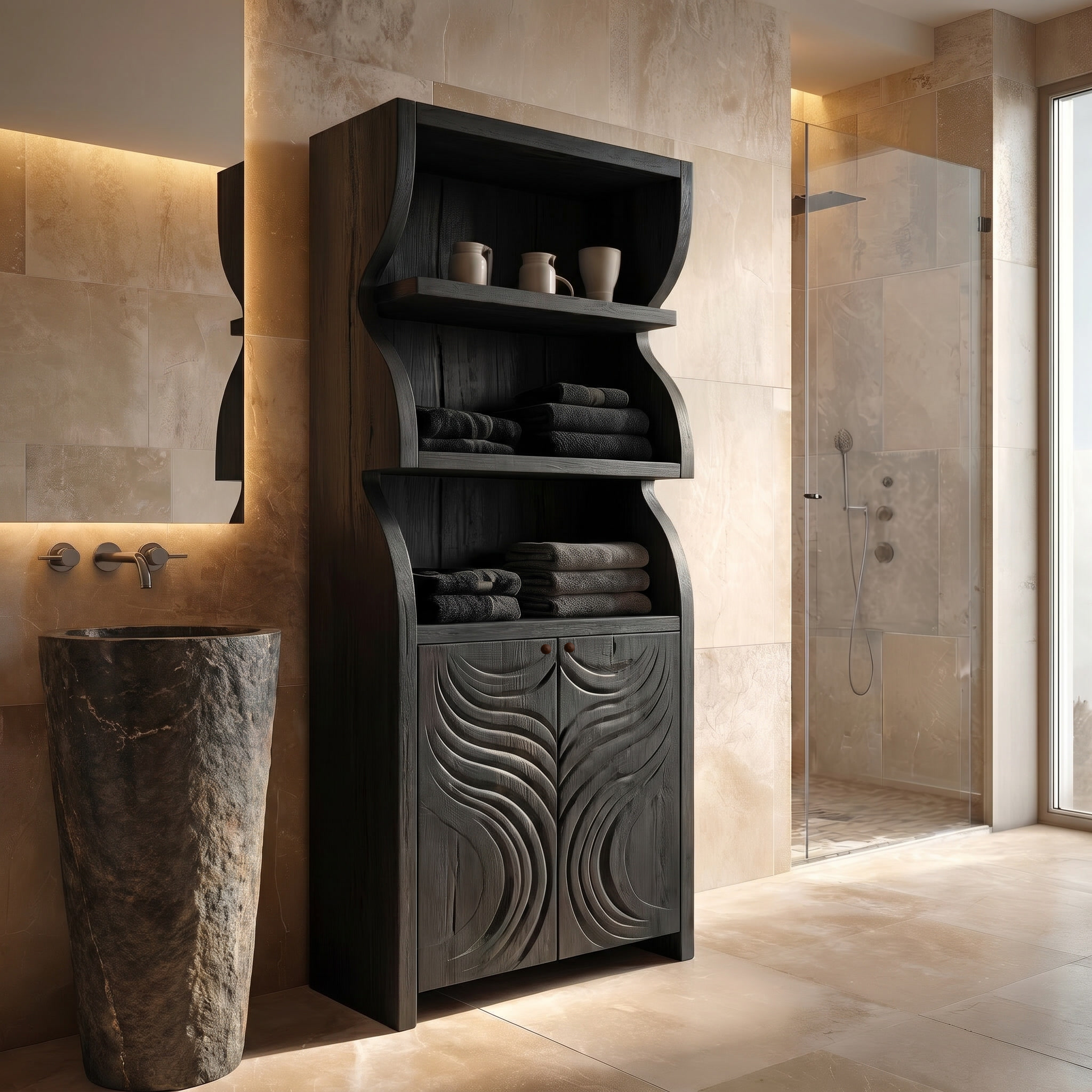 Rustic Organic Bathroom Storage Cabinet With Carved Wooden Doors And Open Shelves For Bathroom SINLSABCT020