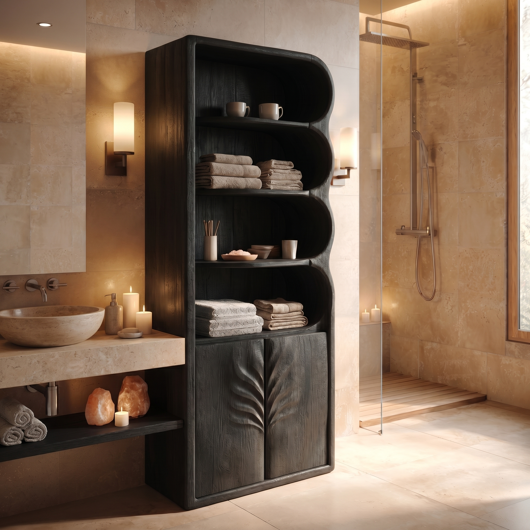 Modern Organic Bathroom Storage Cabinet With Curved Shelves And Carved Wooden Doors For Bathroom SINLSABCT021