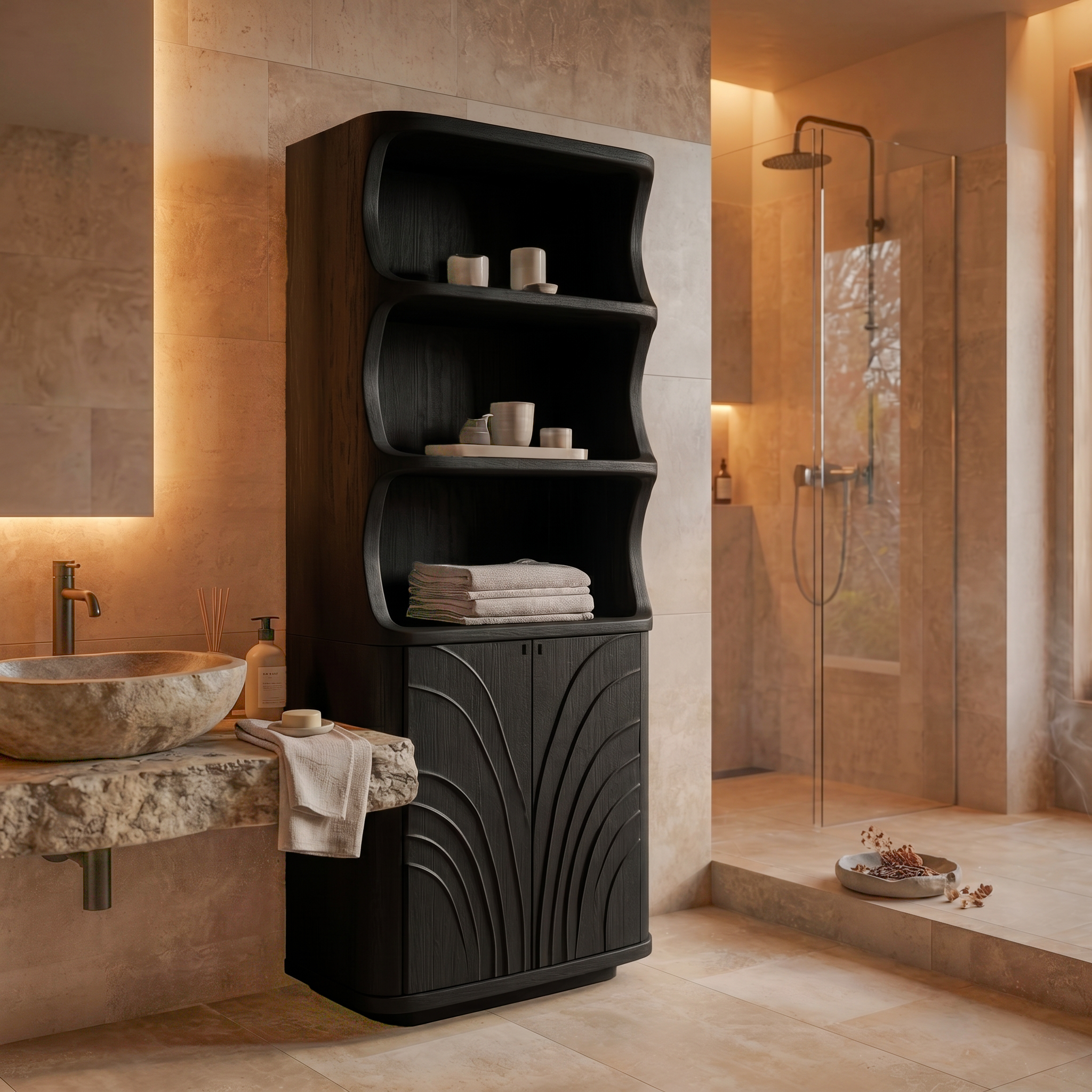 Organic Bathroom Storage Cabinet With Curved Open Shelves And Carved Wooden Doors For Bathroom SINLSABCT022