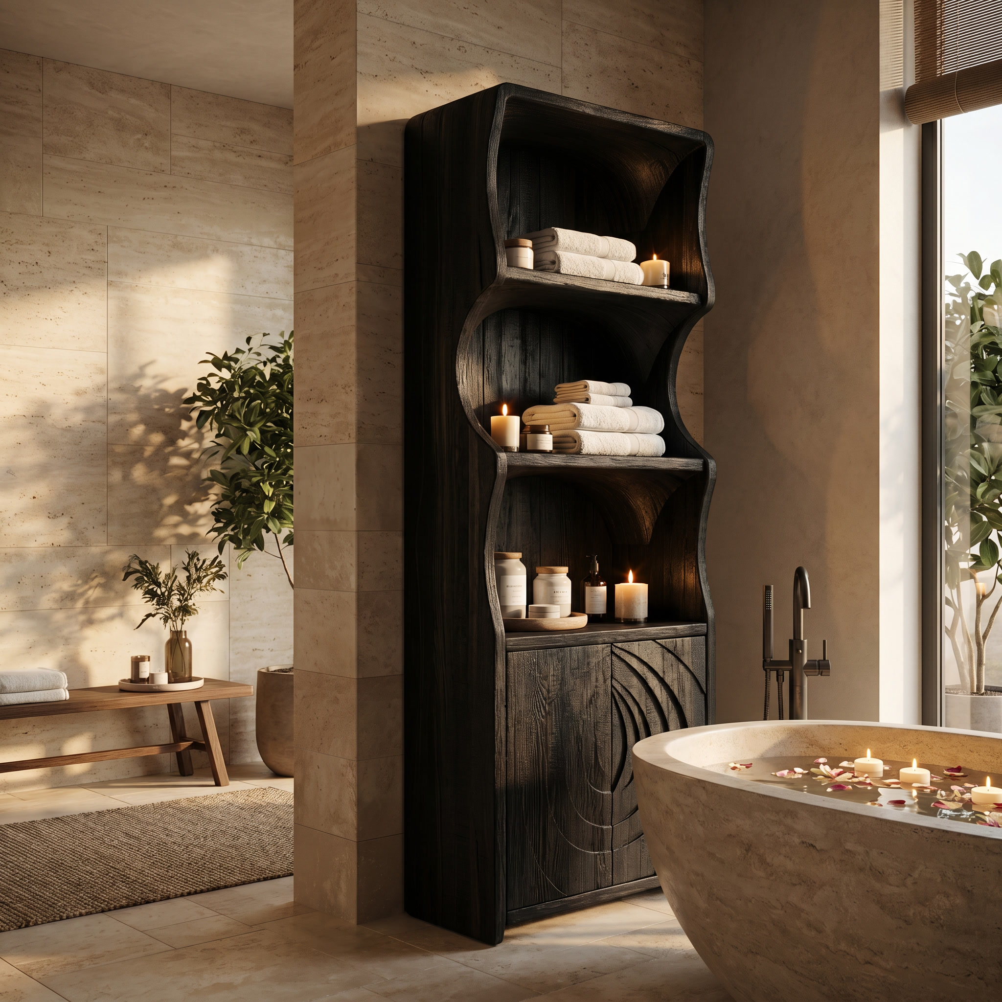 Contemporary Minimal Bathroom Storage Cabinet With Curved Shelves And Wooden Door For Bathroom SINLSABCT023
