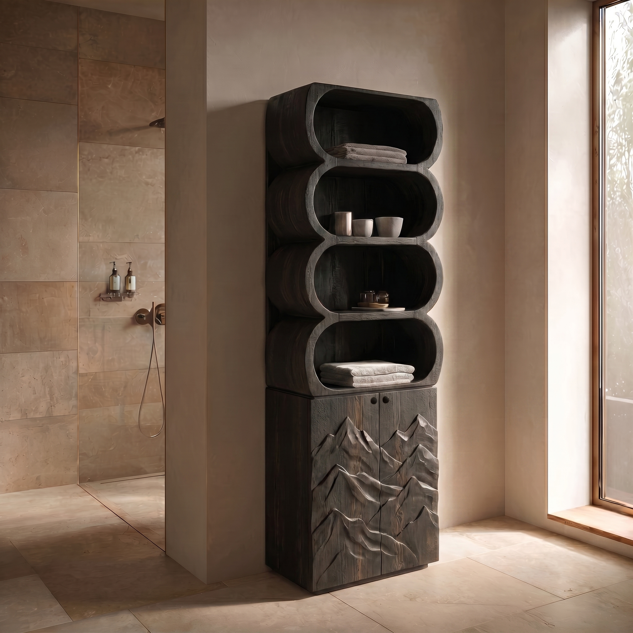 Minimal Bathroom Cabinet With Rounded Shelves And Sculpted Wooden Door SINLSABCT024