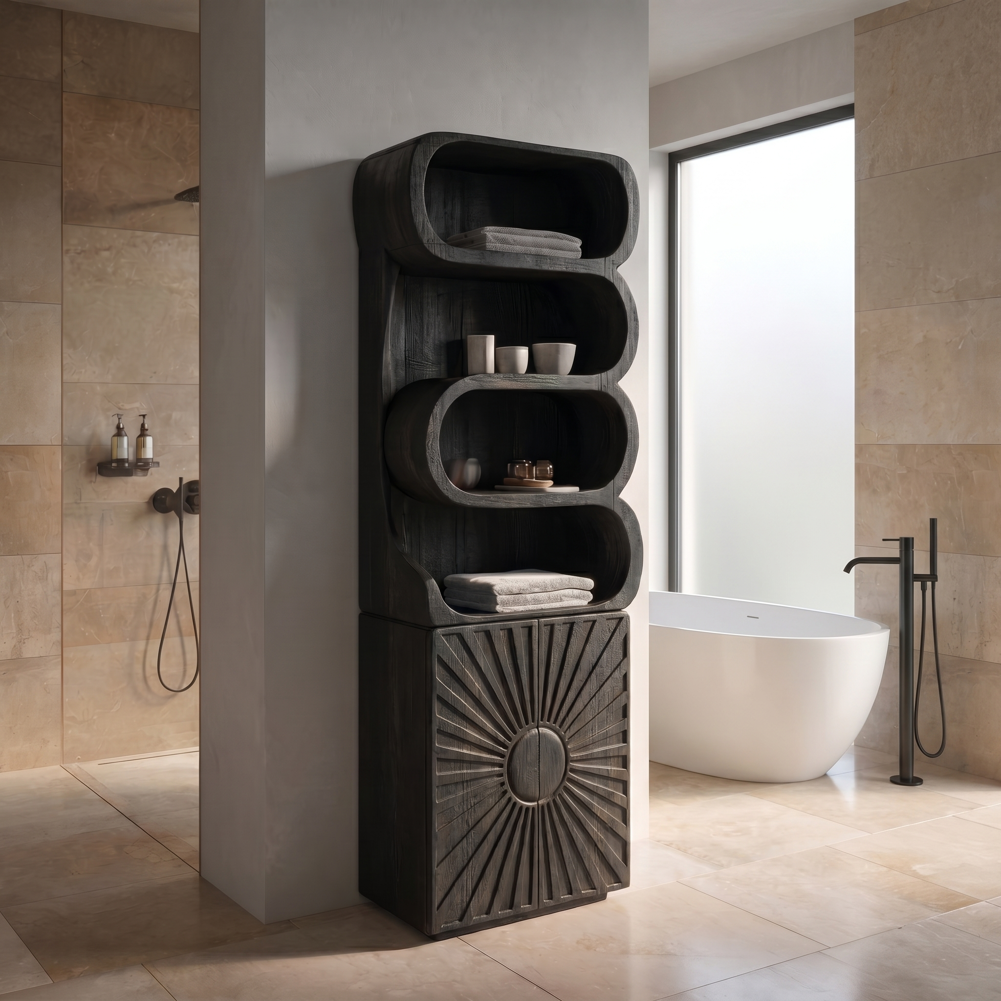 Organic Bathroom Cabinet With Open Shelving And Sculpted Wood Door For Bathroom SINLSABCT025