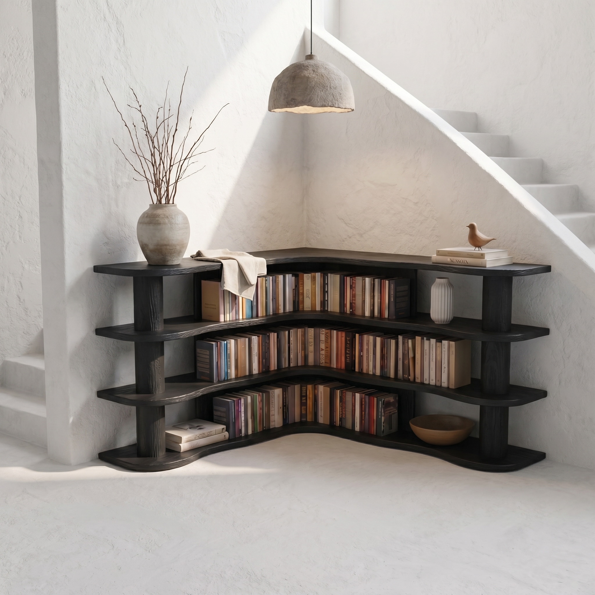 Scandinavian Corner Bookshelf With Rounded Multi Tier Wooden Shelves For Living Room And Bedroom SINLSABS020