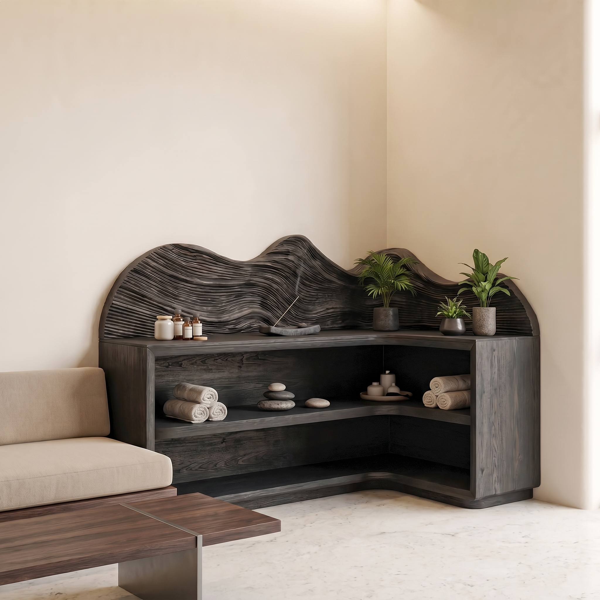 Contemporary Corner Bookcase With Sculptural Wooden Shelves For Living Room SINLSABS030