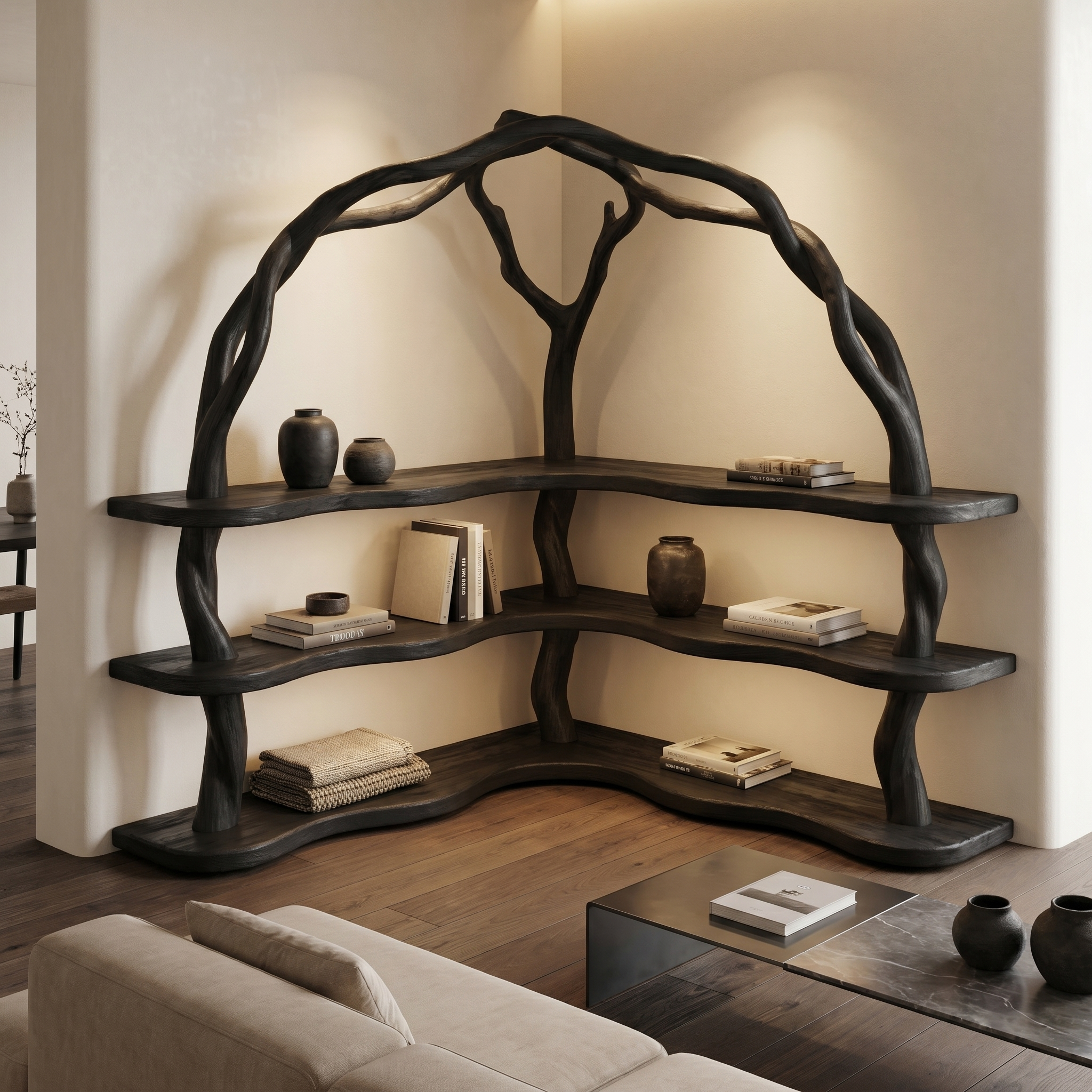 Organic Corner Bookcase With Natural Branch Frame Design For Living Room And Bedroom SINLSABS016
