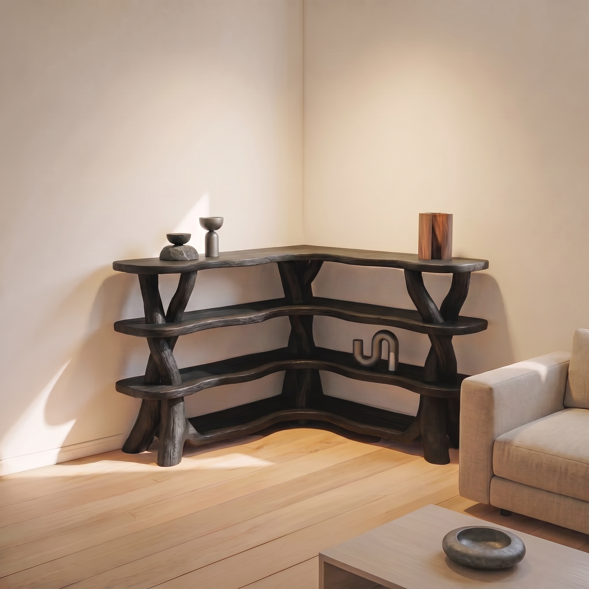 Rustic Organic Corner Bookshelf With Sculptural Tree Branch Shelves For Living Room And Bedroom SINLSABS017