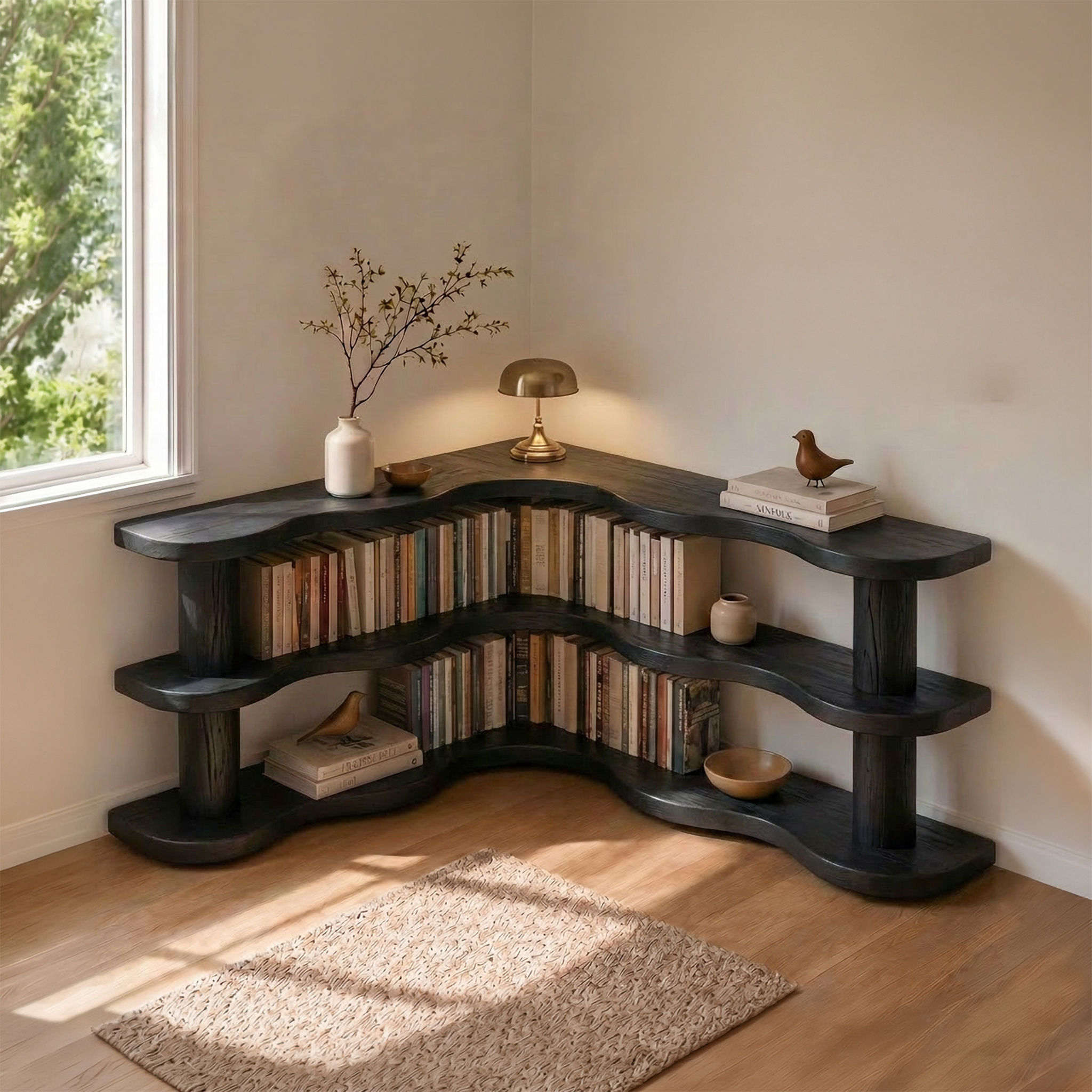 Rustic Modern Corner Bookshelf With Multi Tier Wooden Shelves For Living Room And Bedroom SINLSABS014