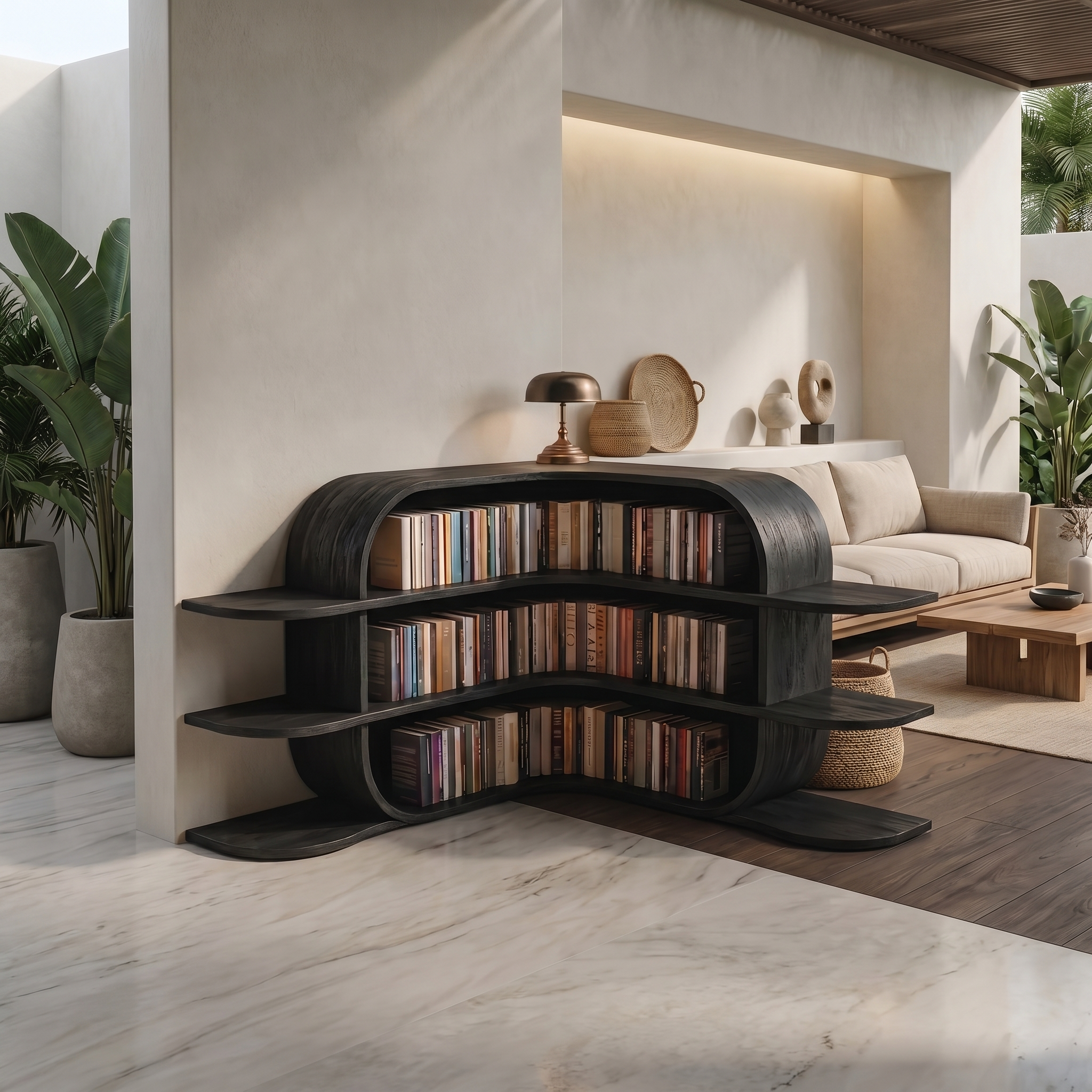 Scandinavian Arched Corner Bookshelf With Multi Tier Open Shelves For Living Room And Bedroom SINLSABS018