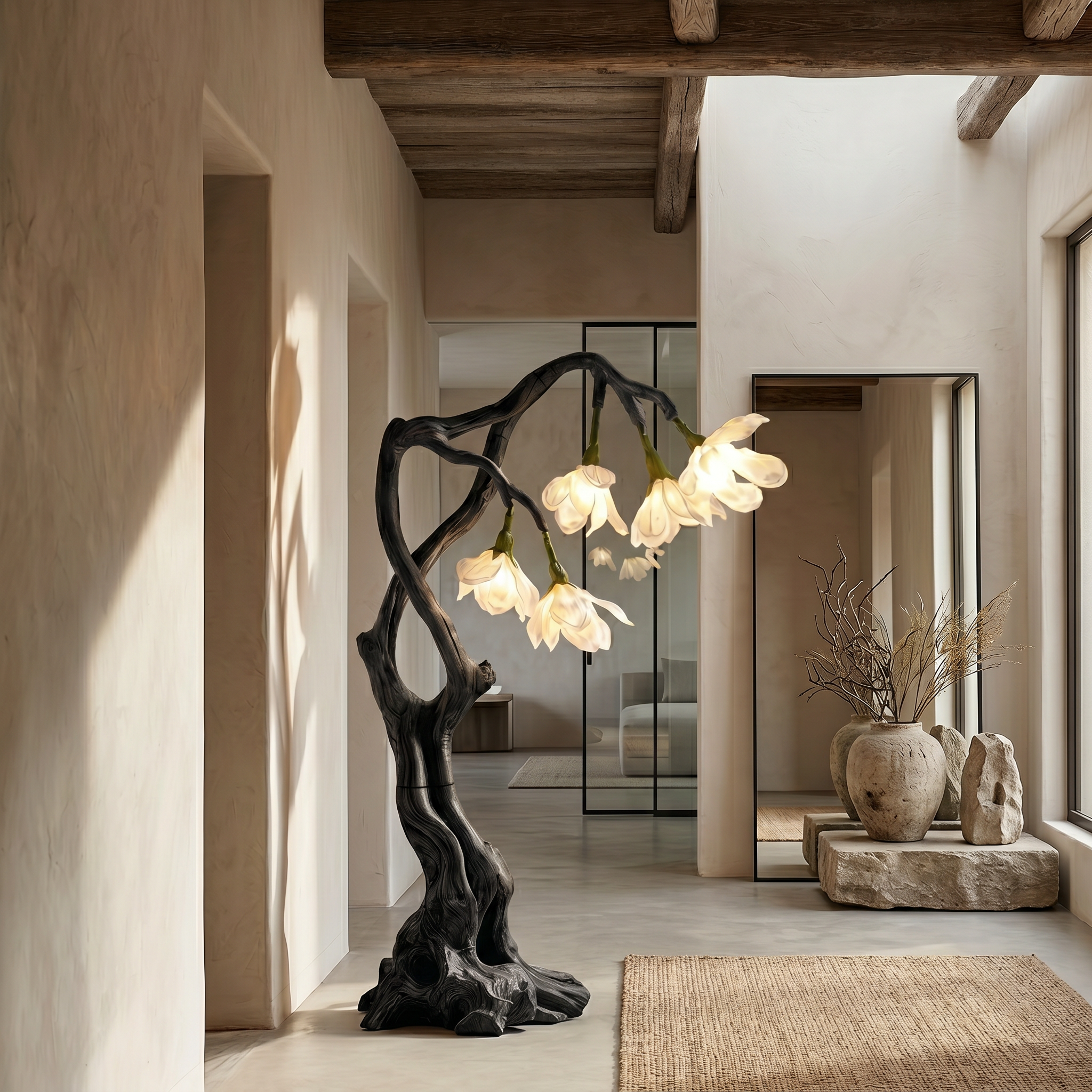 Petal Inspired Floor Lamp With Artistic Wood Base For Living Room And Bedroom SINLSAFLP082