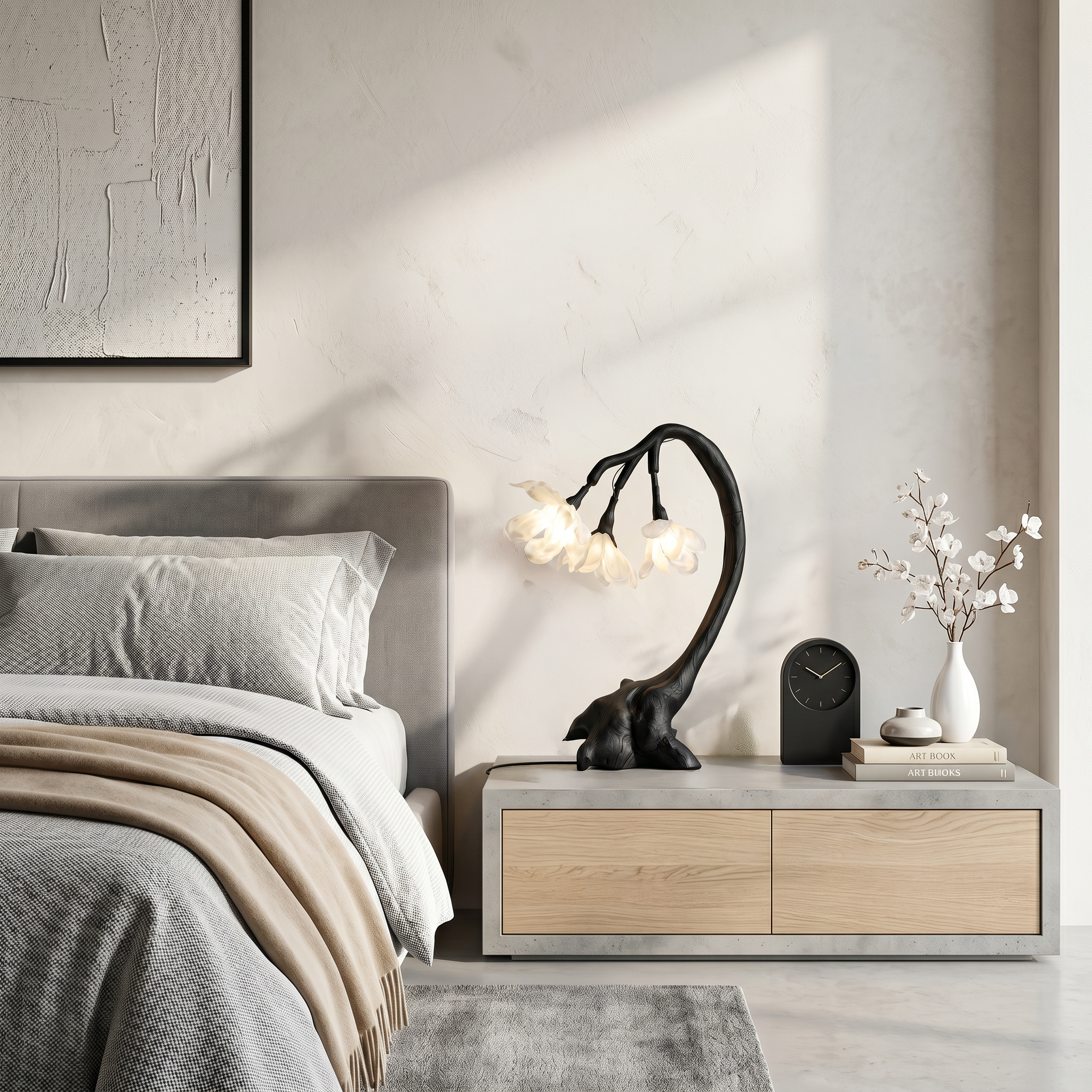 Organic Flower Table Lamp With Sculptural Wood Base For Bedroom And Living Room SINLSATL002