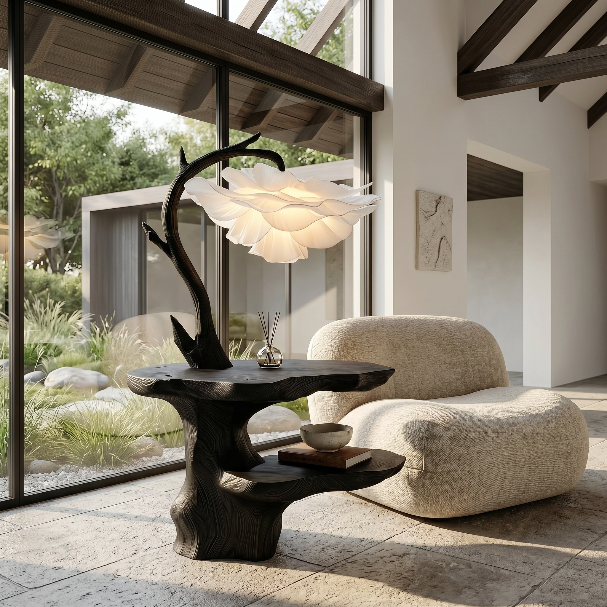 Organic End Table With Flower Lamp And Tree Branch Design For Bedroom And Reading Nook SINLSABT271