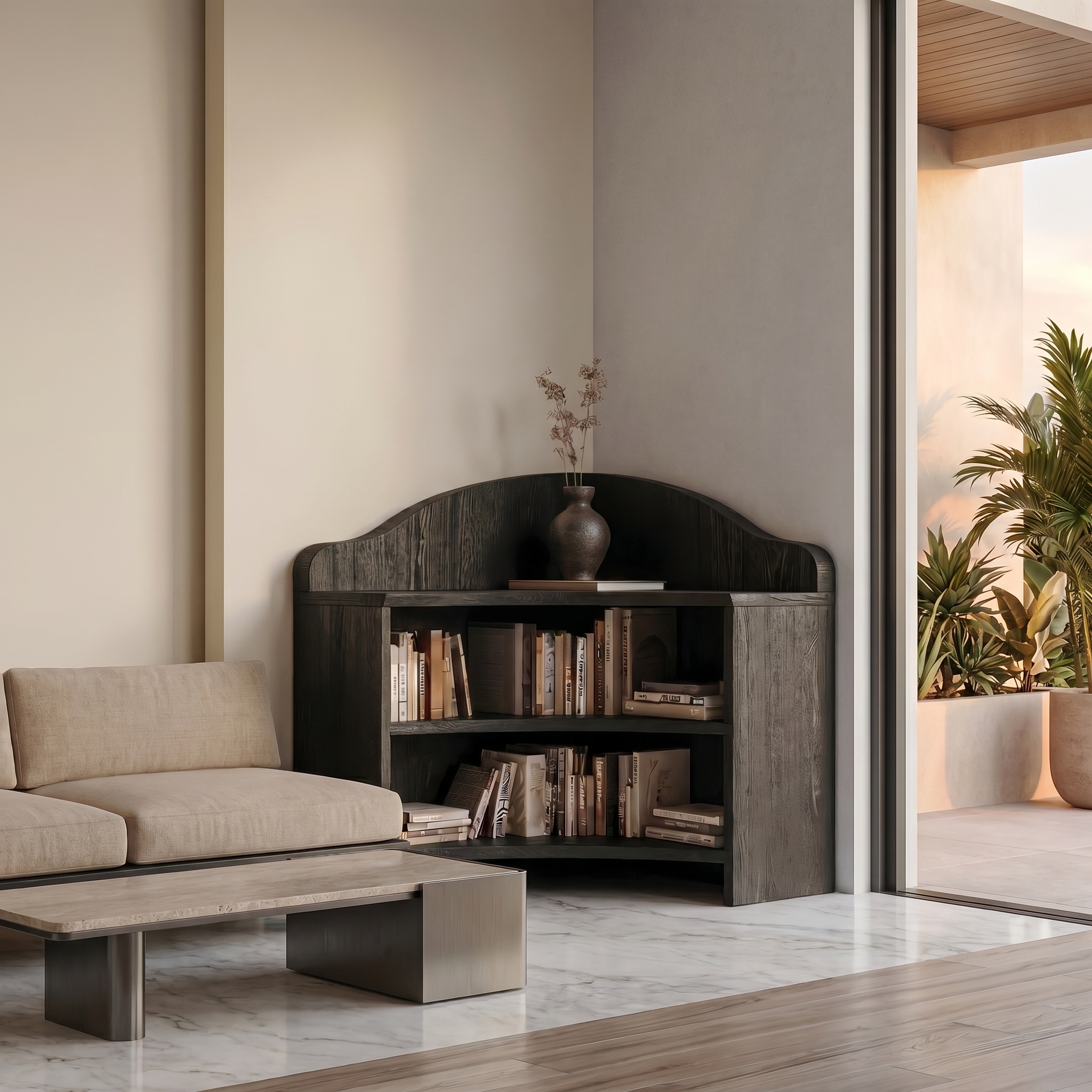 Minimal Corner Bookshelf With Clean Wooden Structure For Living Room SINLSABS026