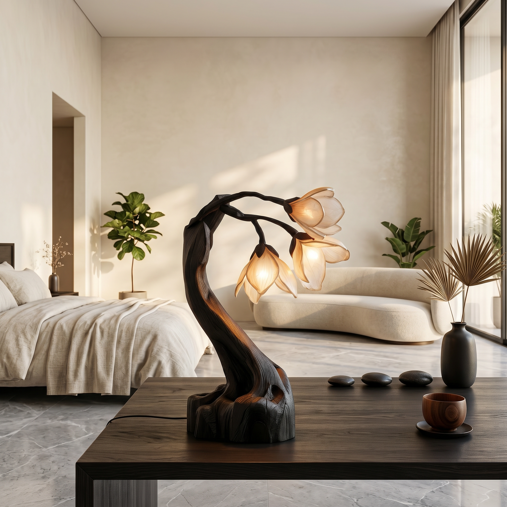 Organic Floral Table Lamp With Sculptural Wood Base For Bedroom And Living Room