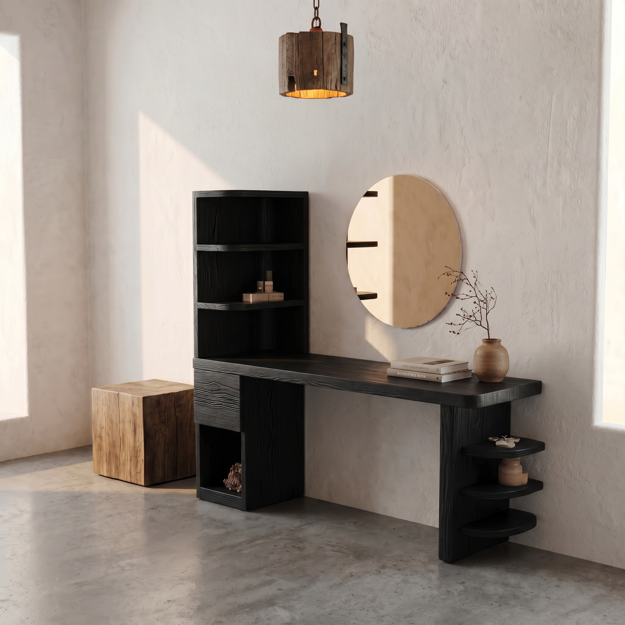 Contemporary Corner Makeup Vanity With Vertical Storage Shelves For Bedroom SINLSABDT076