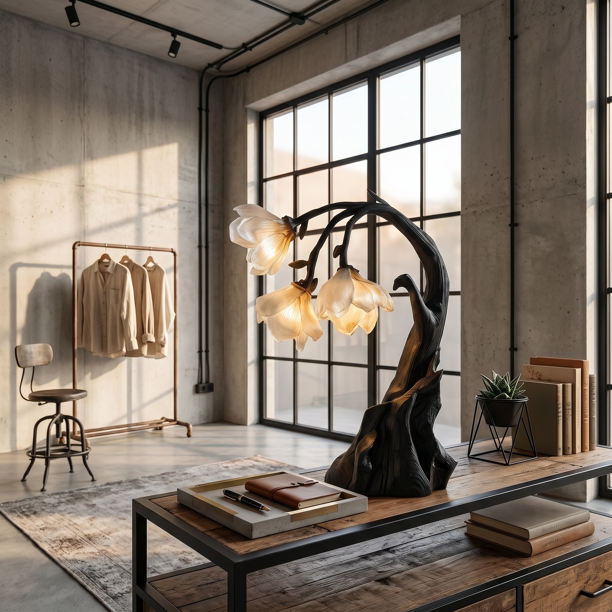 Contemporary Floral Table Lamp With Sculptural Solid Wood Base For Bedroom And Living Room SINLSATL007