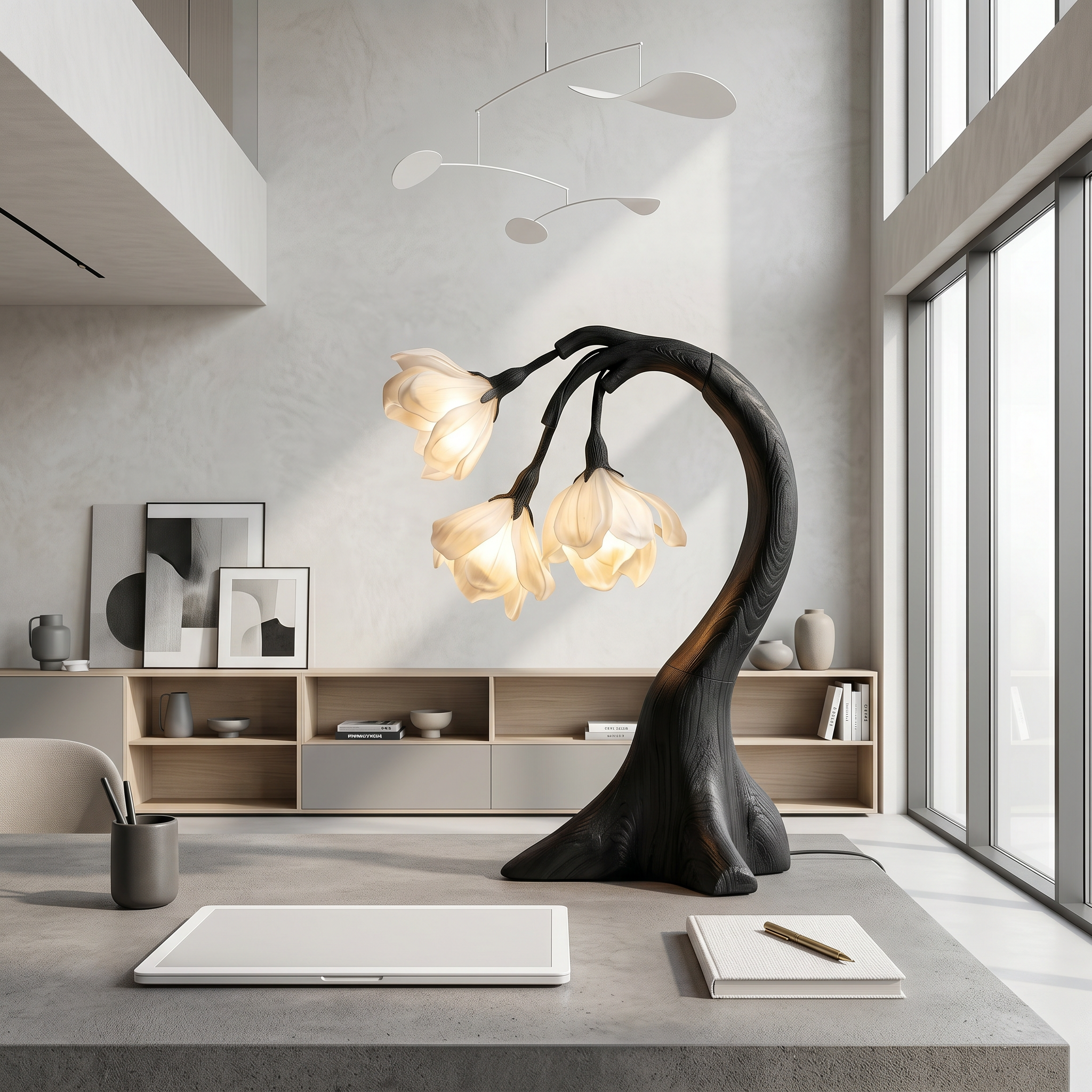 Modern Floral Table Lamp With Sculptural Curved Wood Base For Bedroom And Living Room SINLSATL008