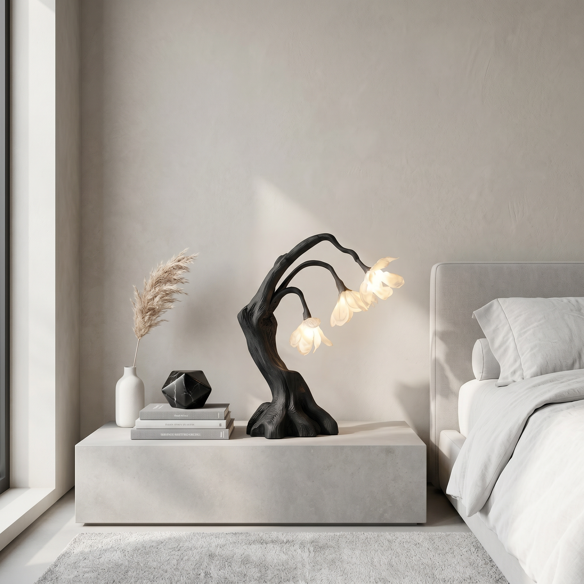 Modern Floral Table Lamp With Sculptural Driftwood Base For Bedroom And Living Room SINLSATL009