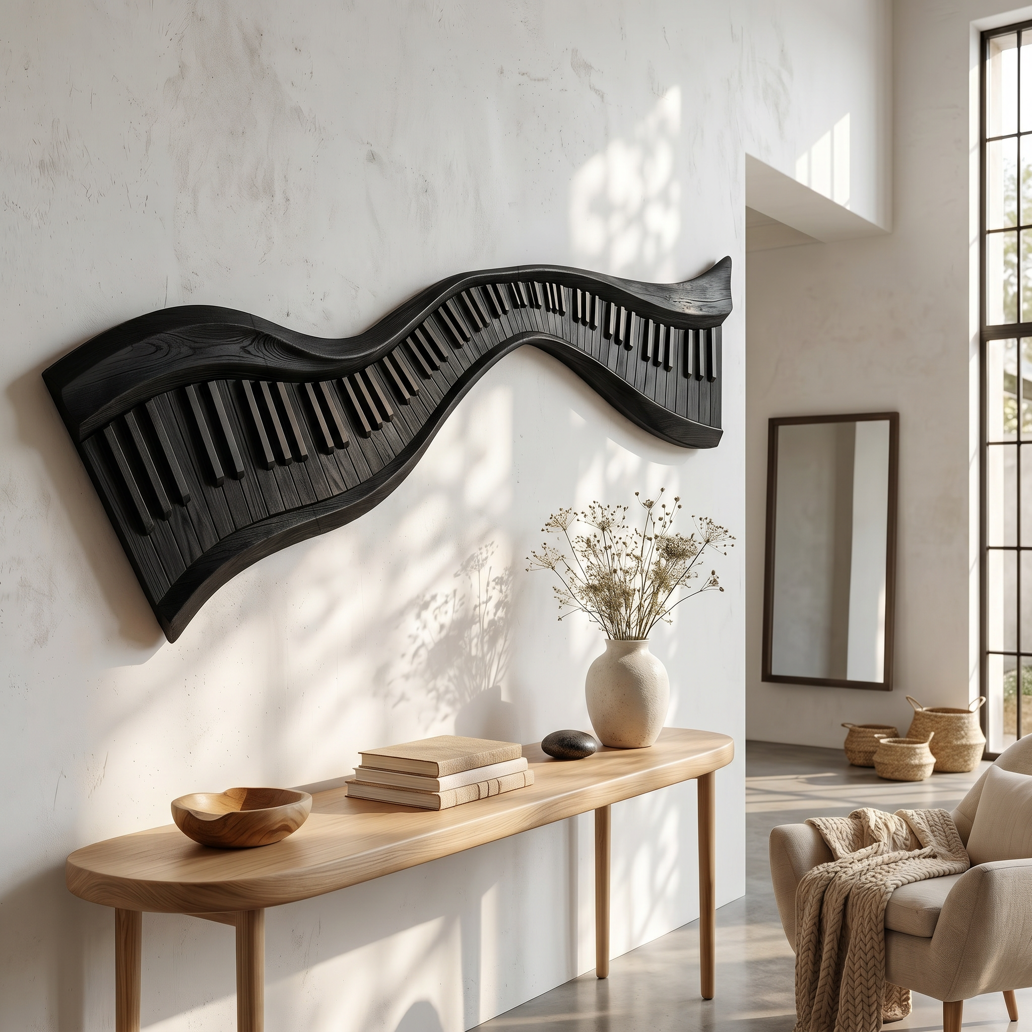 Organic Abstract Keyboard Wave Wooden Wall Sculpture For Living Room SINLSAWD076
