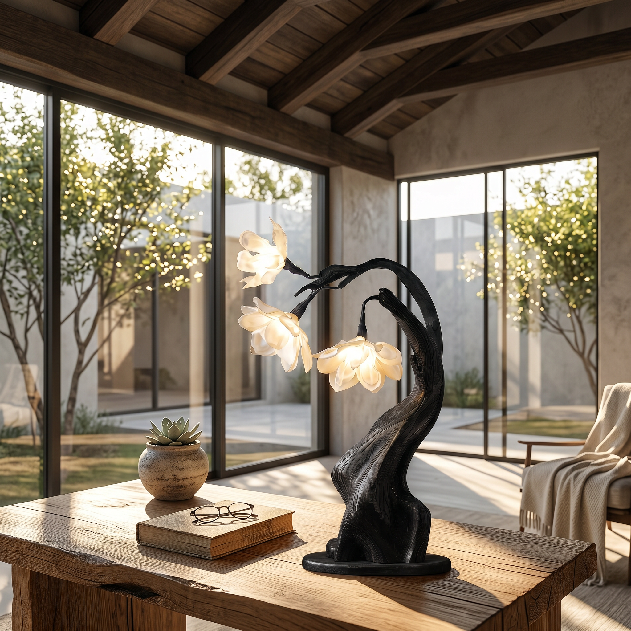 Contemporary Floral Table Lamp With Twisted Solid Wood Base For Bedroom And Living Room SINLSATL011