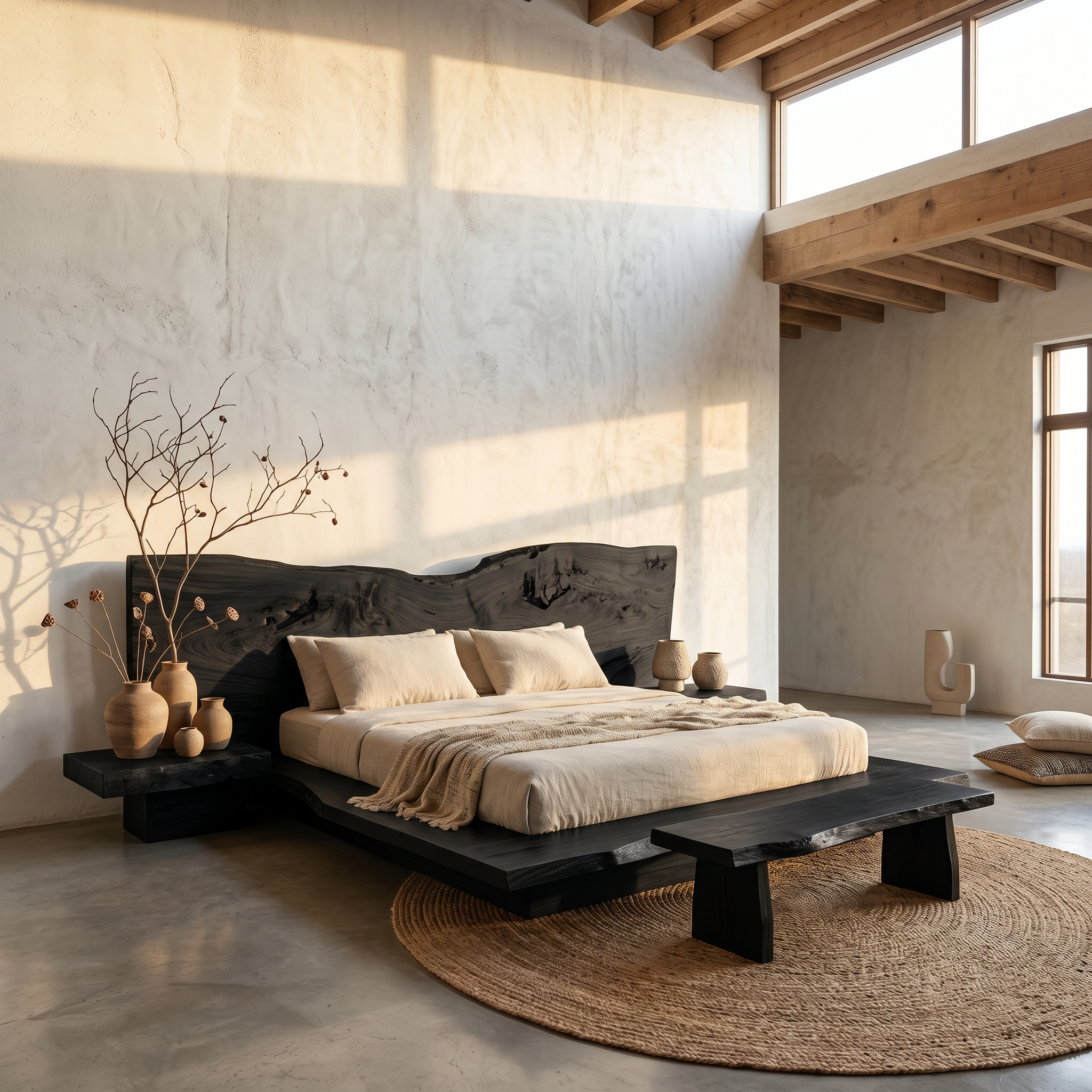 Rustic Live Edge Bed Frame With Sculptural Headboard For Bedroom SINLSAWB124