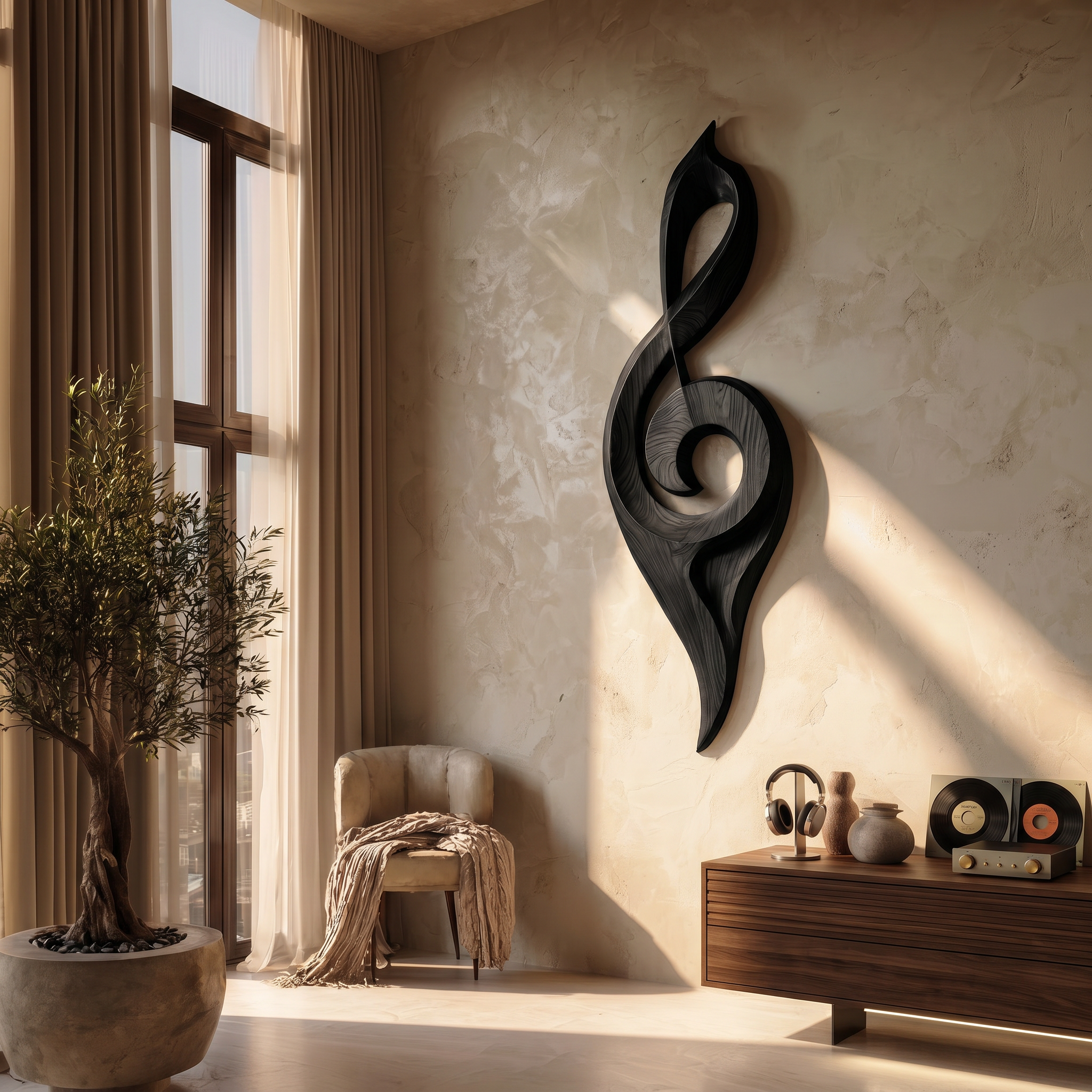Contemporary Treble Clef Wall Sculpture With Organic Curves For Living Room SINLSAWD079