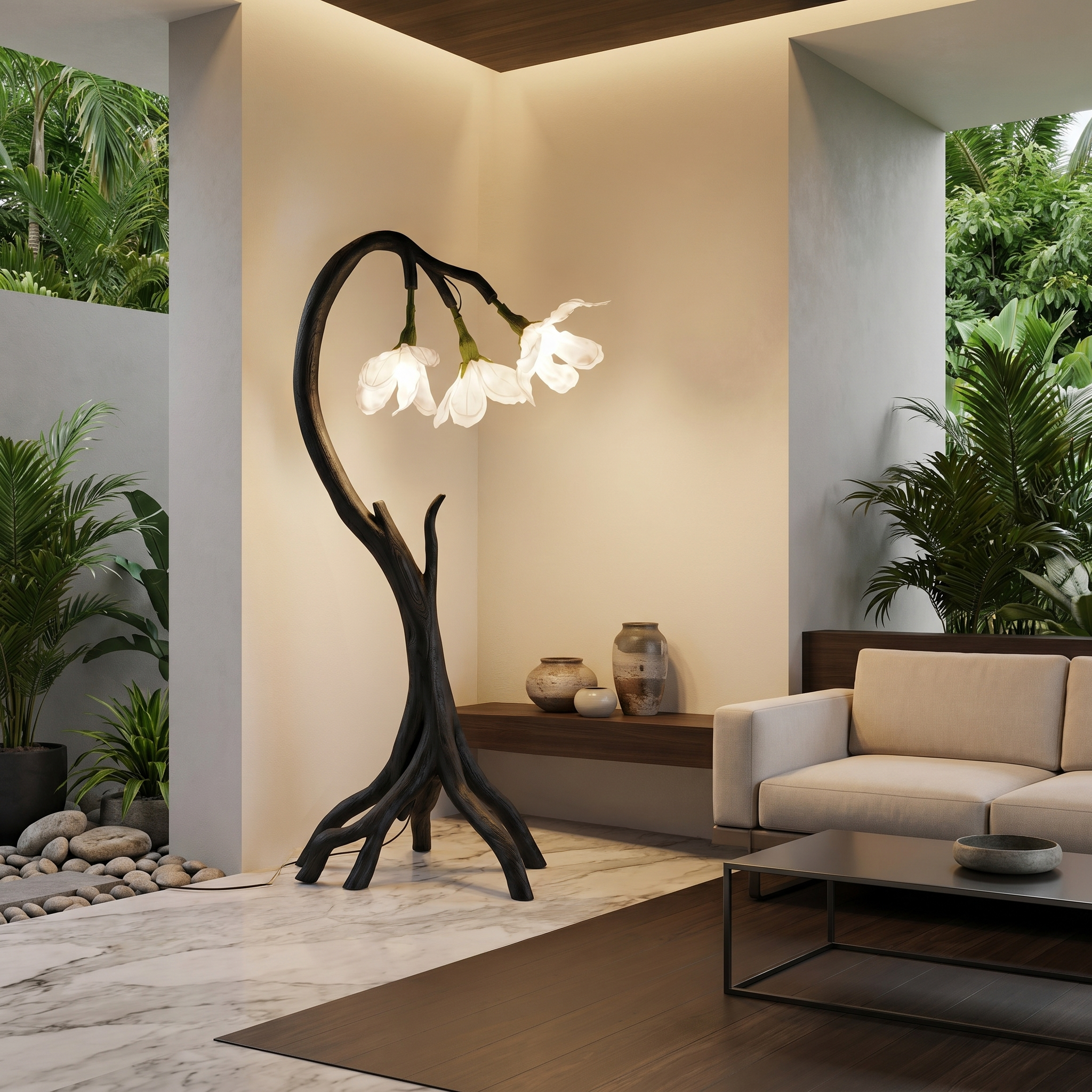Botanical Flower Floor Lamp With Sculptural Wood Base For Living Room And Bedroom SINLSAFLP070