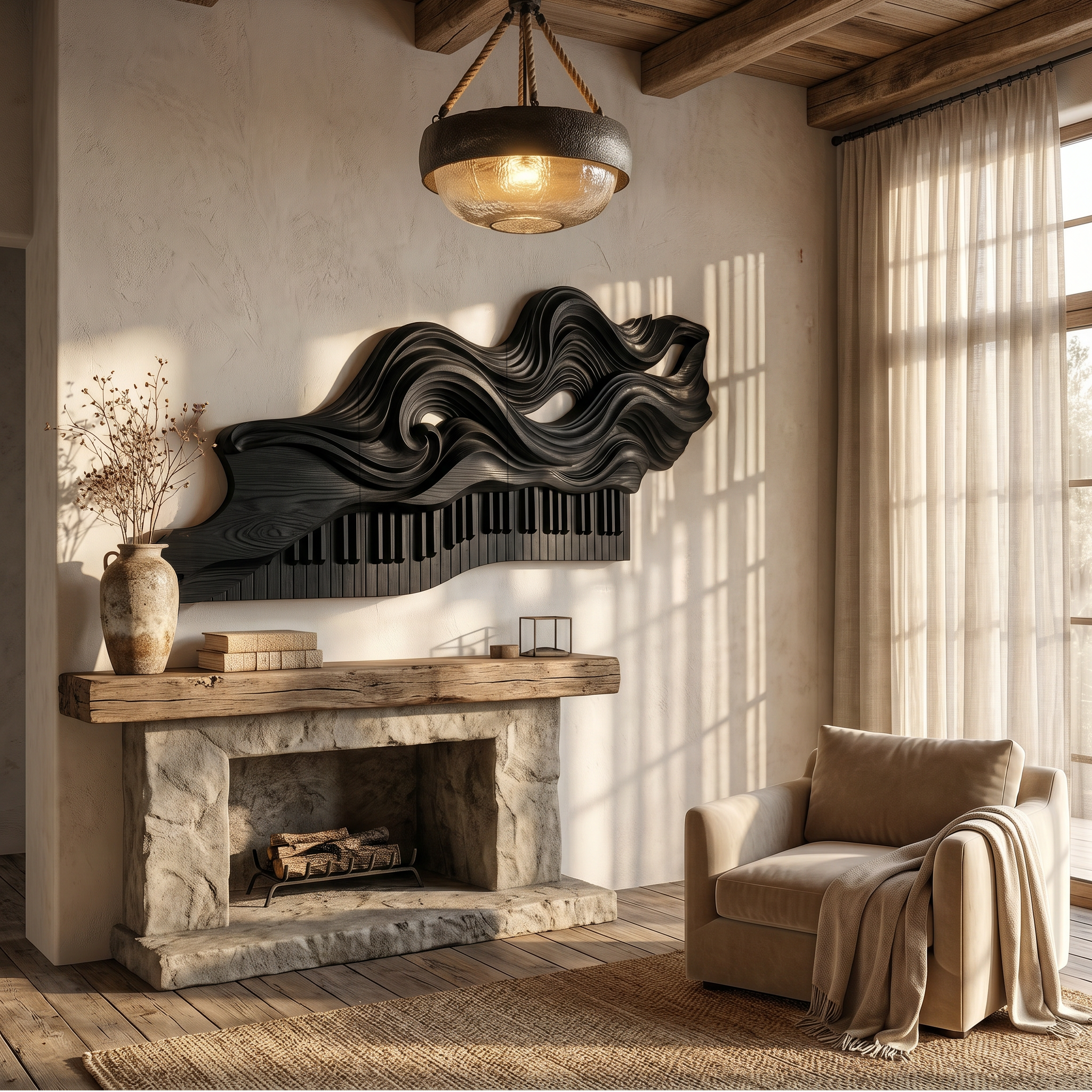 Organic Flowing Piano Melody Wooden Wall Art For Living Room SINLSAWD083