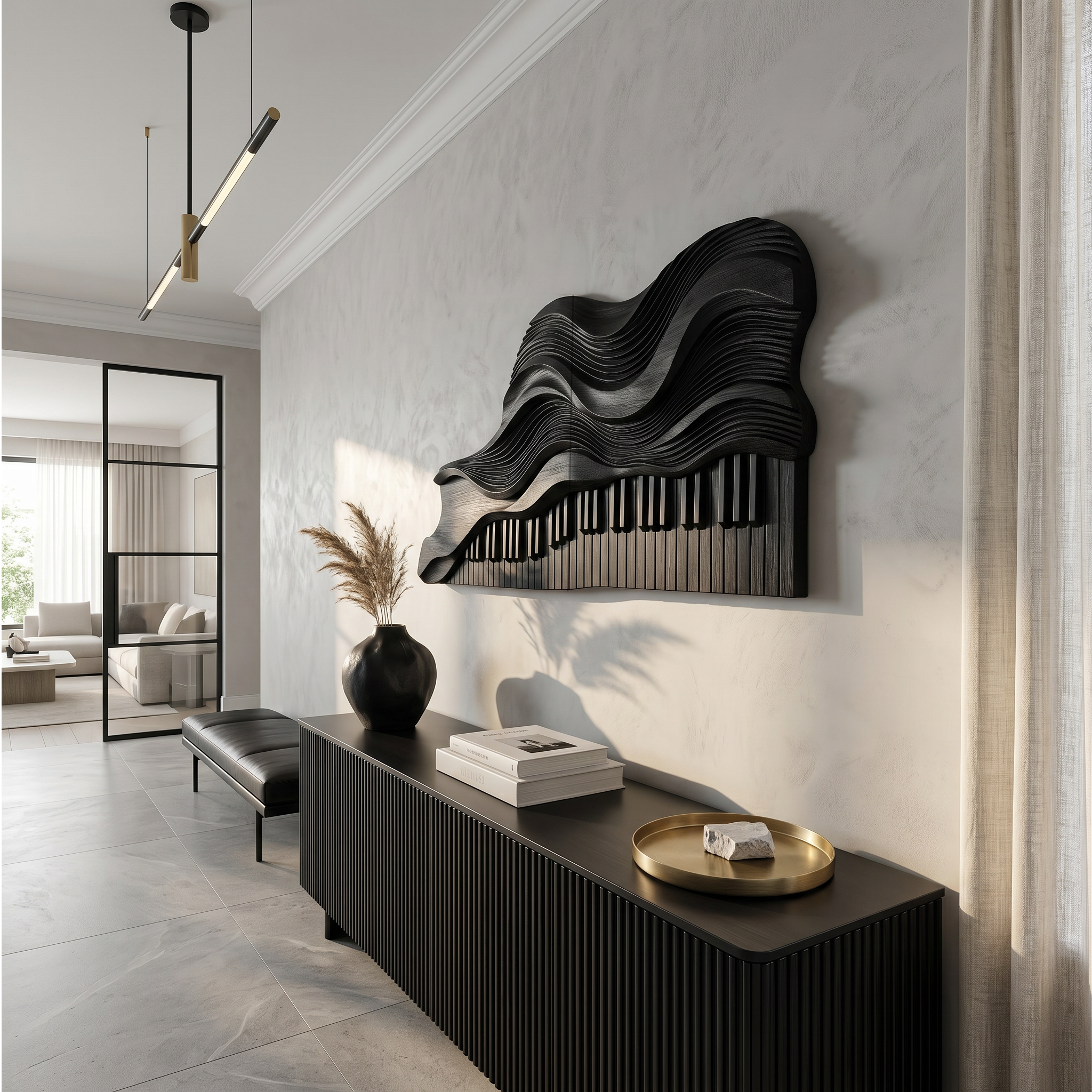 Abstract Piano Wave Wooden Wall Sculpture For Living Room SINLSAWD084