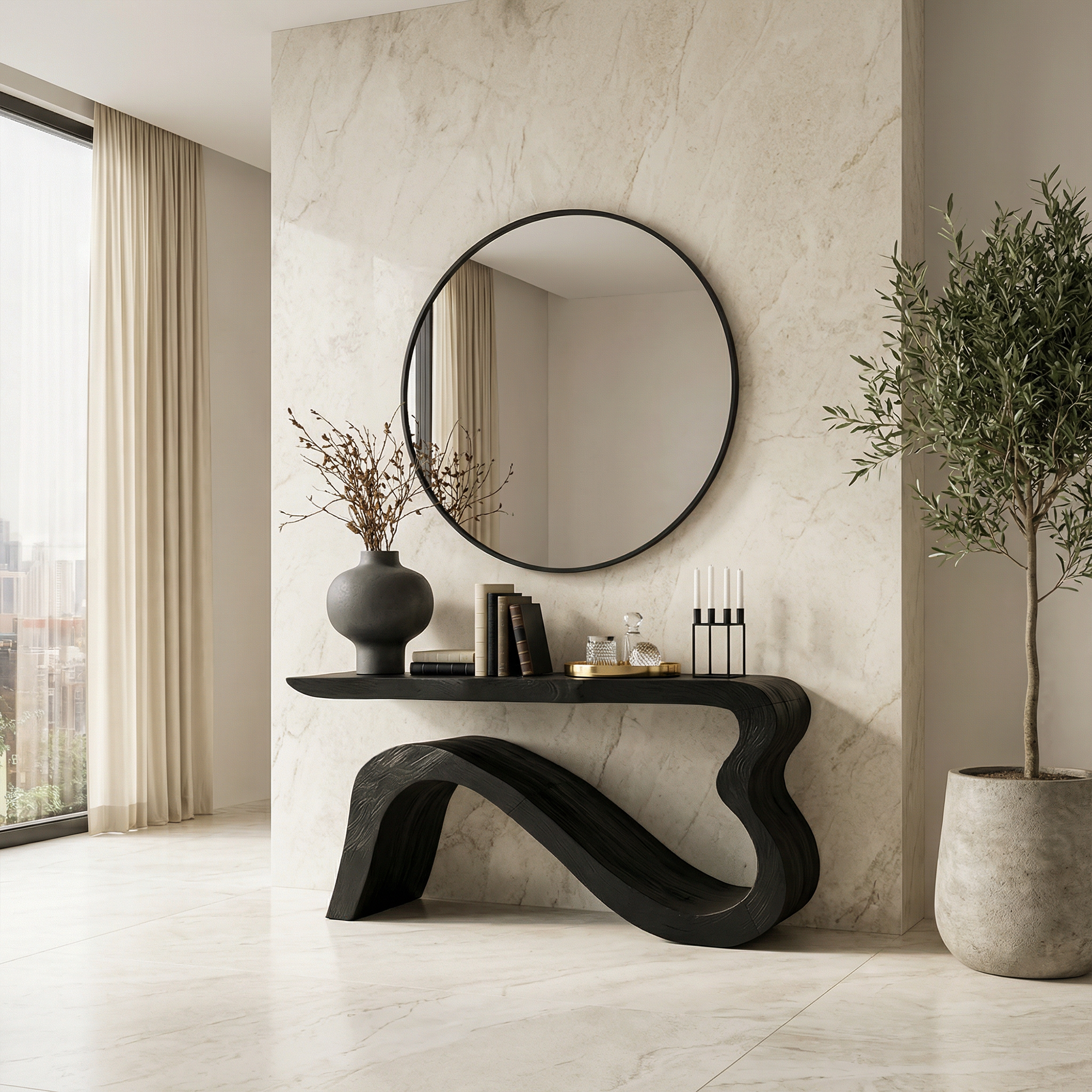 Contemporary Wave Console Table Solid Wood Soft Curved Sculptural Base For Living Room SINLKICS552