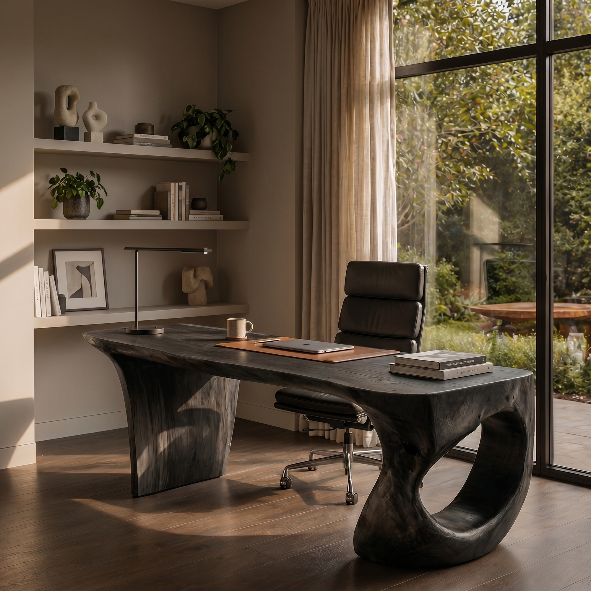 Contemporary Desk With Sculptural Loop Wood Base And Solid Wood Top For Home Office And Workspace SINLKIDK112