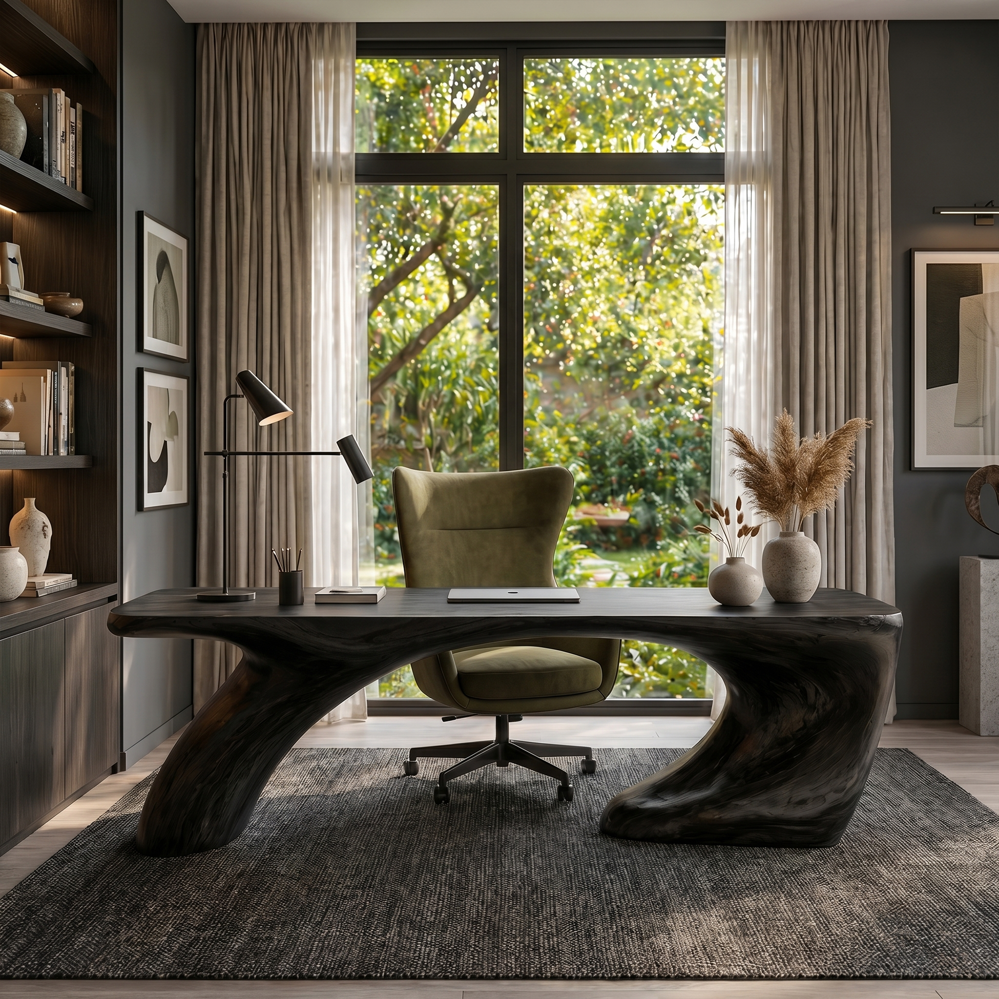 Modern Organic Desk With Sculptural Curved Wood Base And Solid Wood Top For Home Office And Workspace SINLKIDK113
