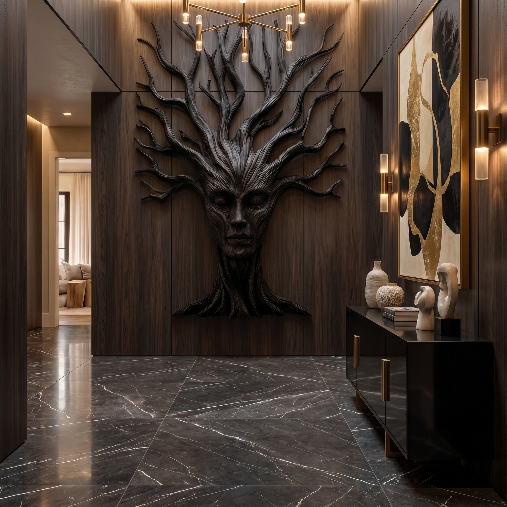 Mystical Tree Spirit Wooden Wall Art With Sculptural Face Design For Entryway And Living Room SINLKIWD104