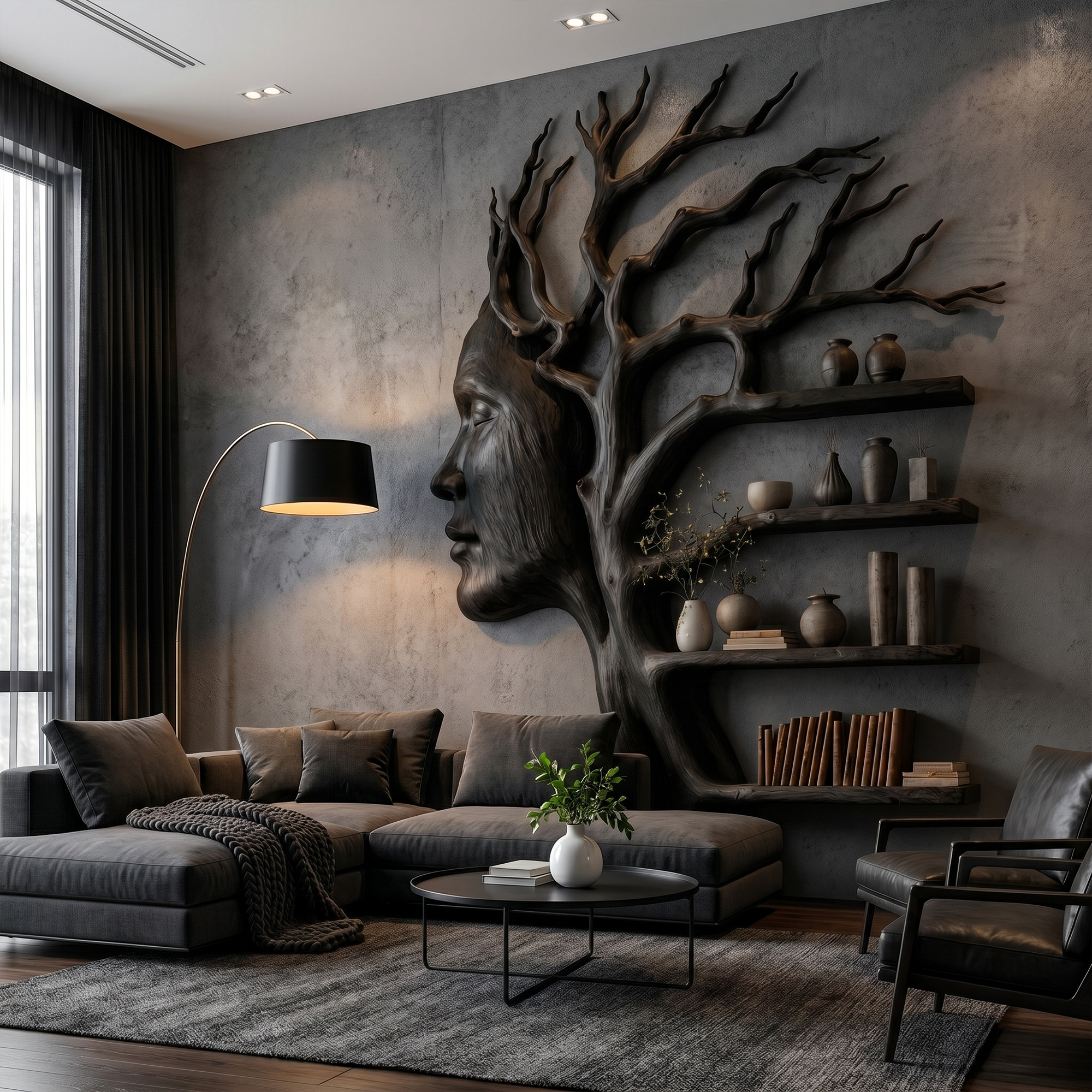 Fantasy Tree Bookshelf With Sculptural Face Design And Integrated Branch Shelves For Living Room SINLKITB735